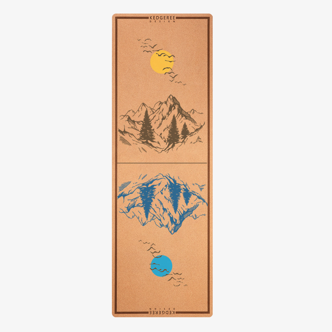 Eco-friendly cork yoga mat with sun, moon and mountain design – sustainable, non-slip surface for yoga and Pilates practice.