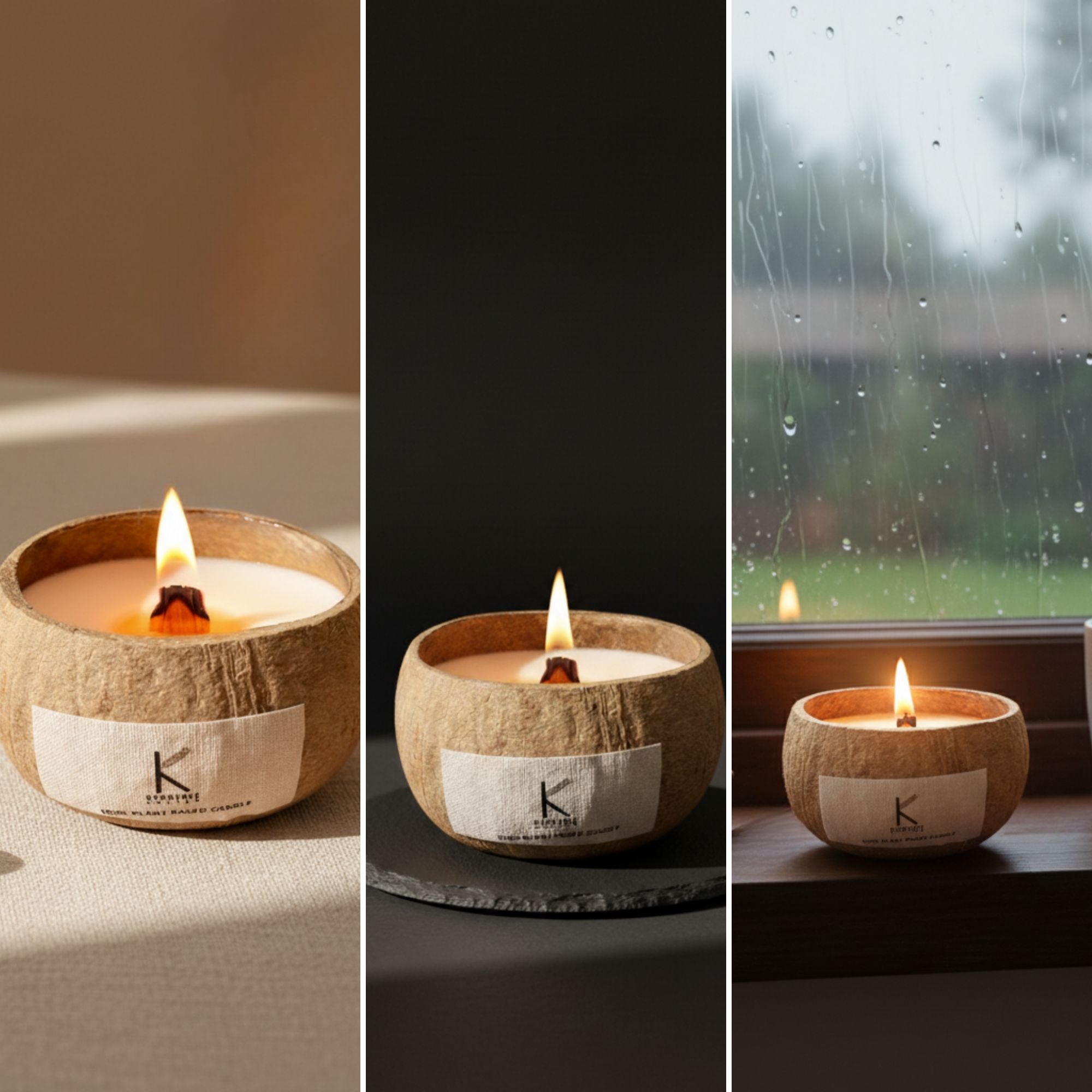 Three different settings with a lit coconut clean burn candle in a coconut shell, featuring a brand label.