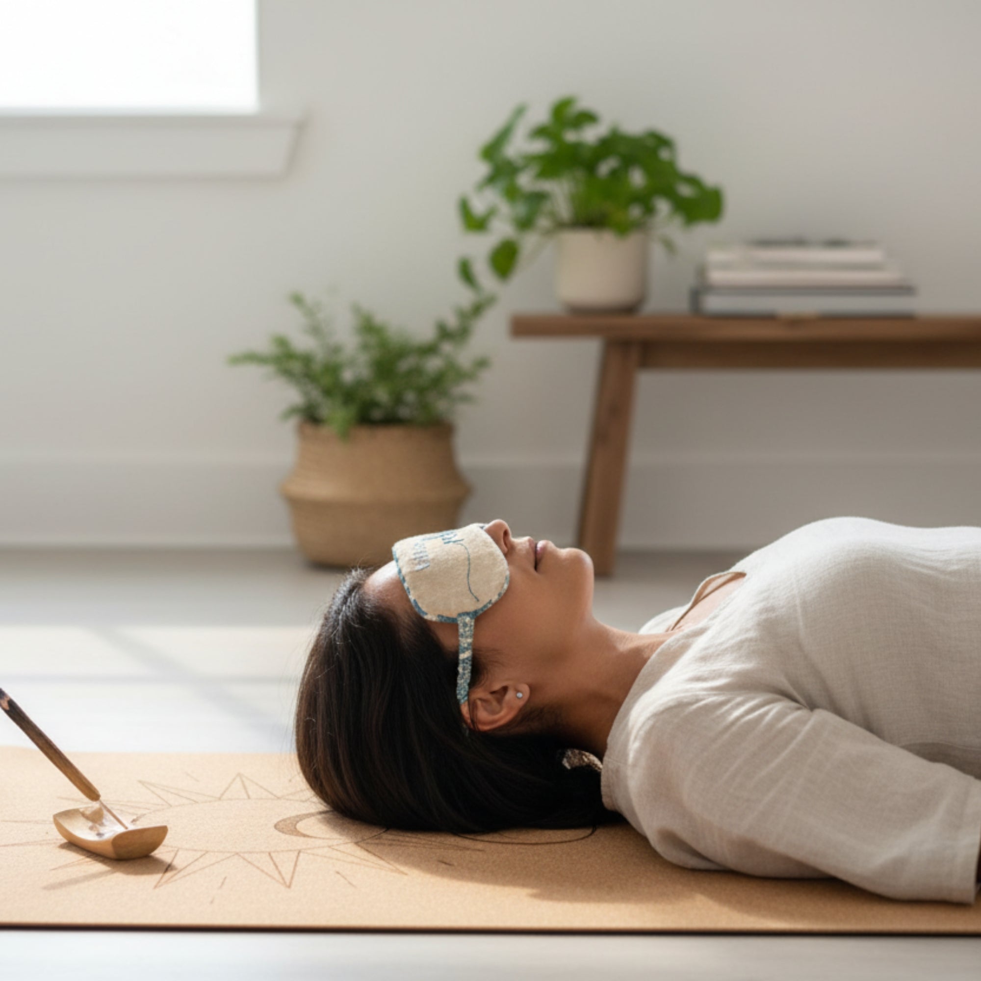 Person lying on a yoga mat with a kedgeree sleep mask on, in a serene room with plants and books.