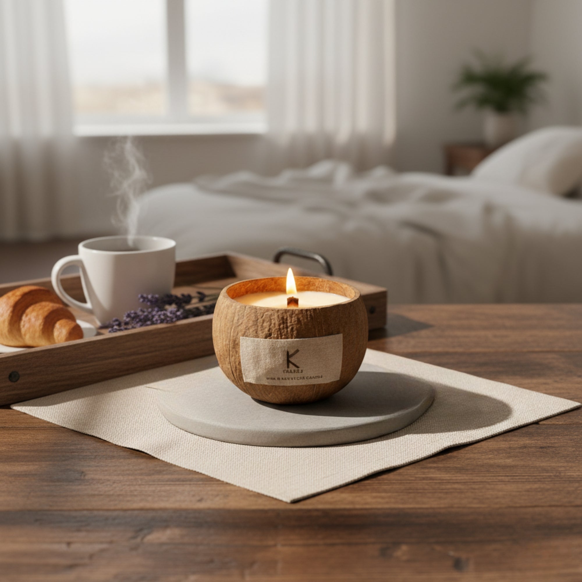 Plant based Candle in a coconut shell with a coffee cup and pastries on a wooden table, blurred bedroom background