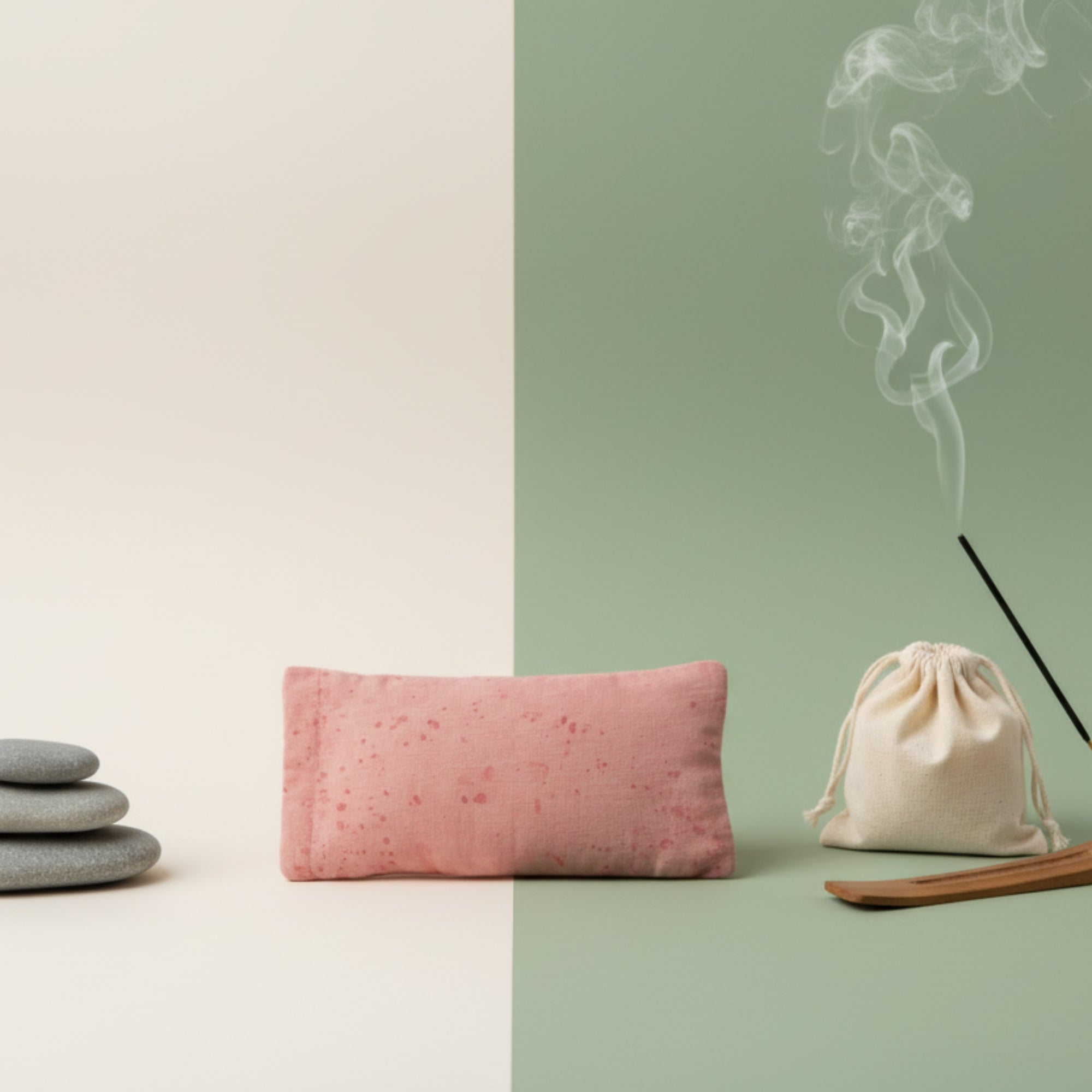 Pink super soft fragrance meditation eye pillow in the centre with incense burner, white drawstring bag with incense stick, and gray stones on a two-tone background.