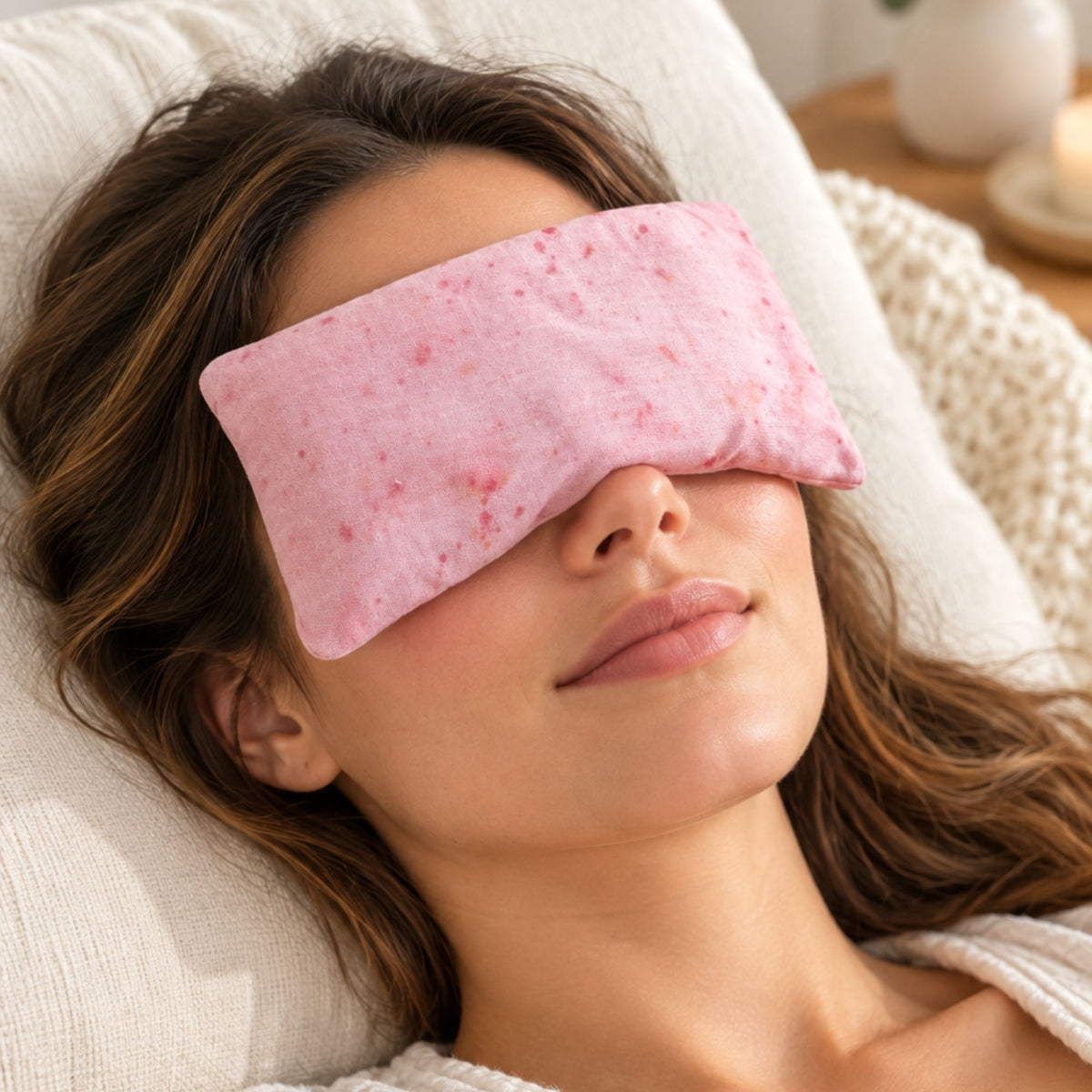 A woman lying down and meditating with a super soft pink colour botanically dyed kedgeree eye pillow  featuring small red speckles, resting on a white pillow in a cozy indoor setting.