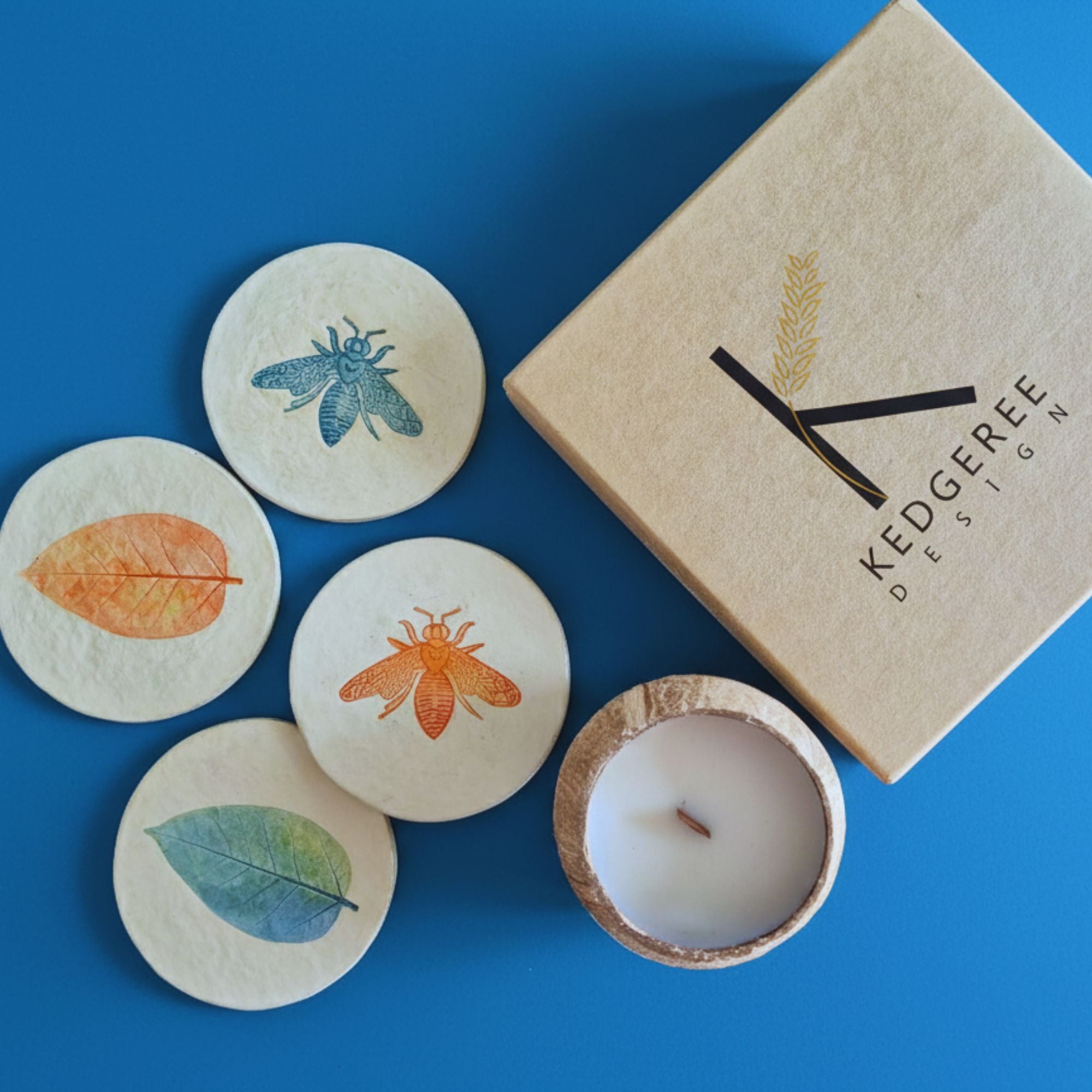Mother’s Day gift box with coconut shell plant-based candle and handmade coasters set of four