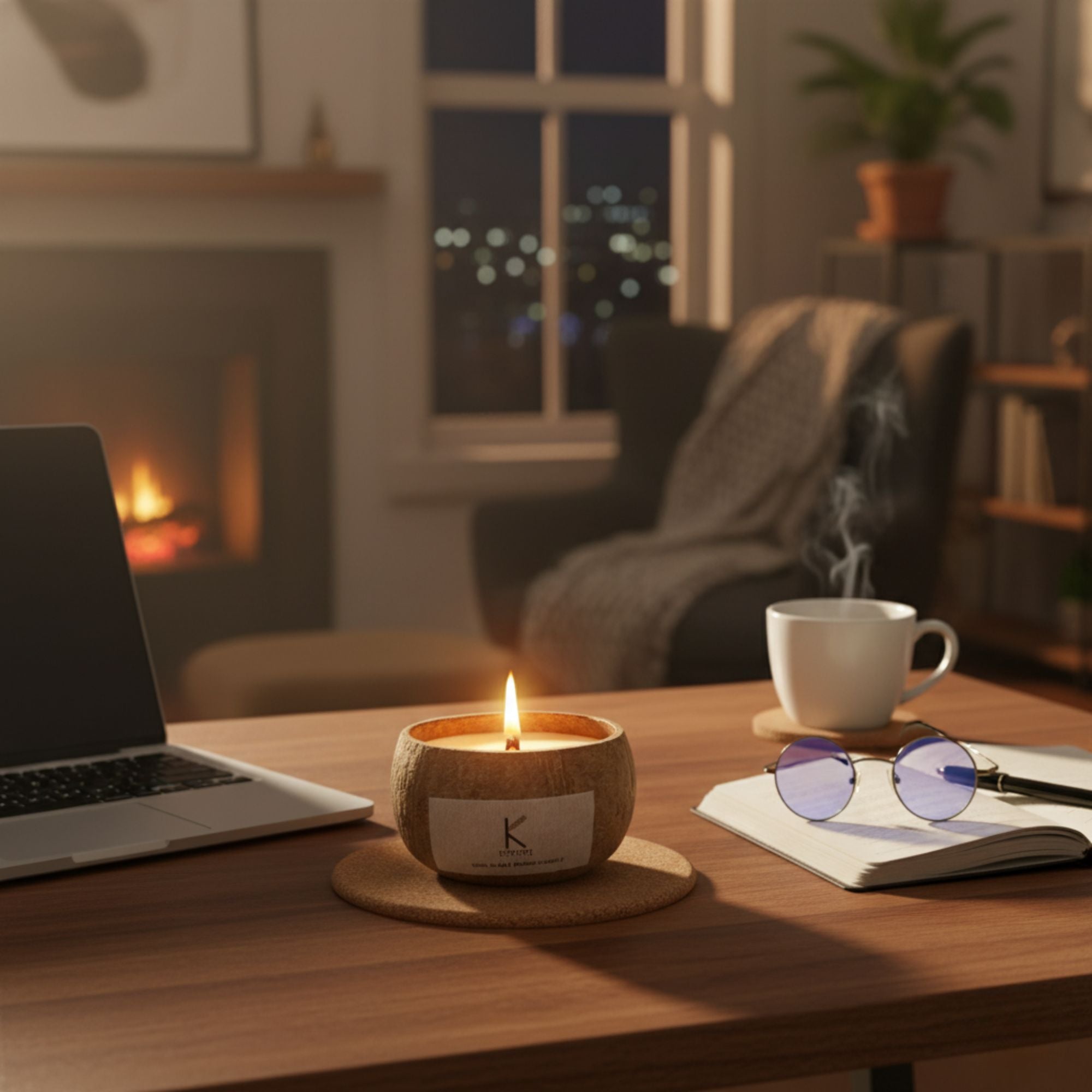 Cozy indoor setting with a laptop, Plant based coconut shell candle lit, mug, and glasses on a table.