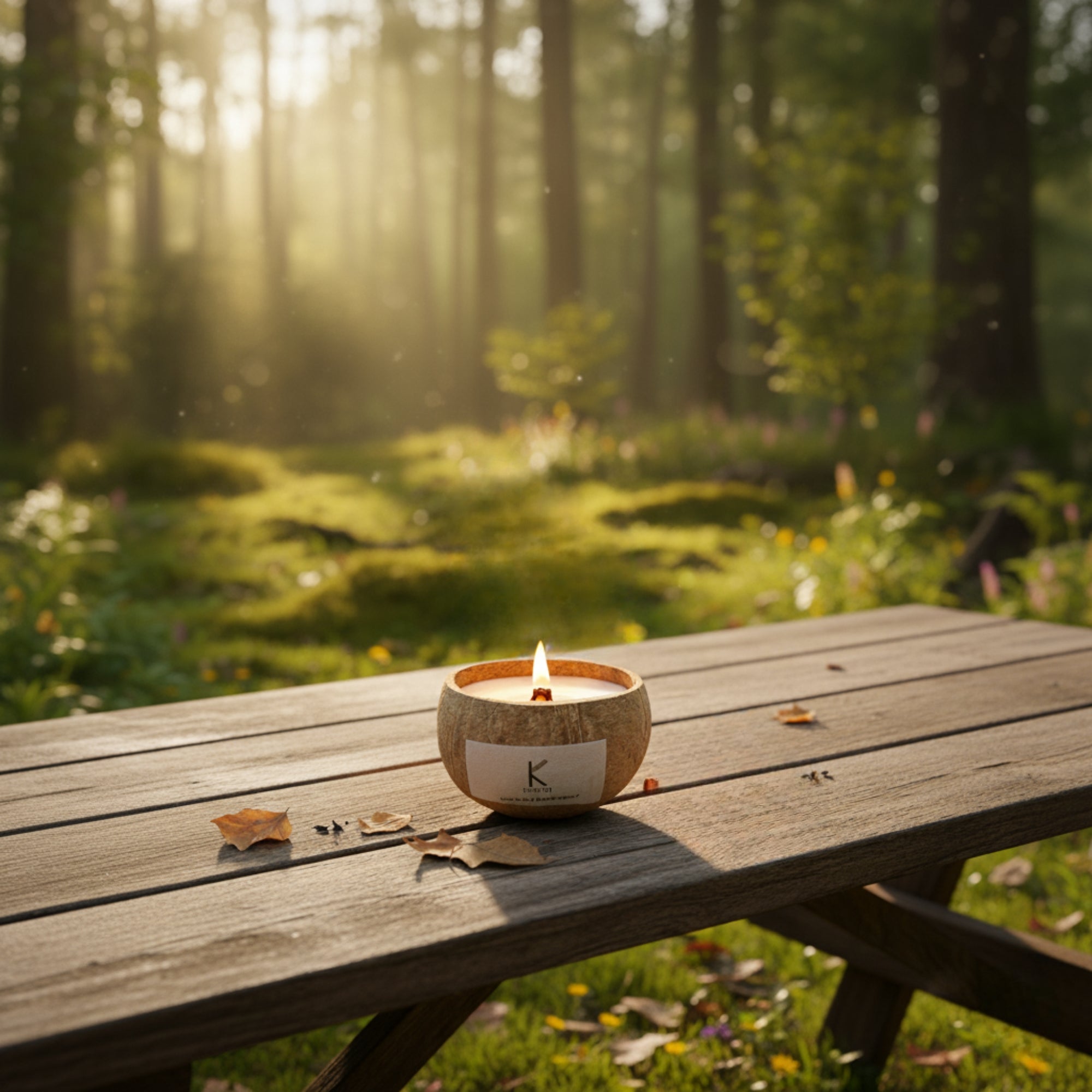Plant-based Coconut Shell Candle lit on a wooden table in a forest with sunlight filtering through the trees.