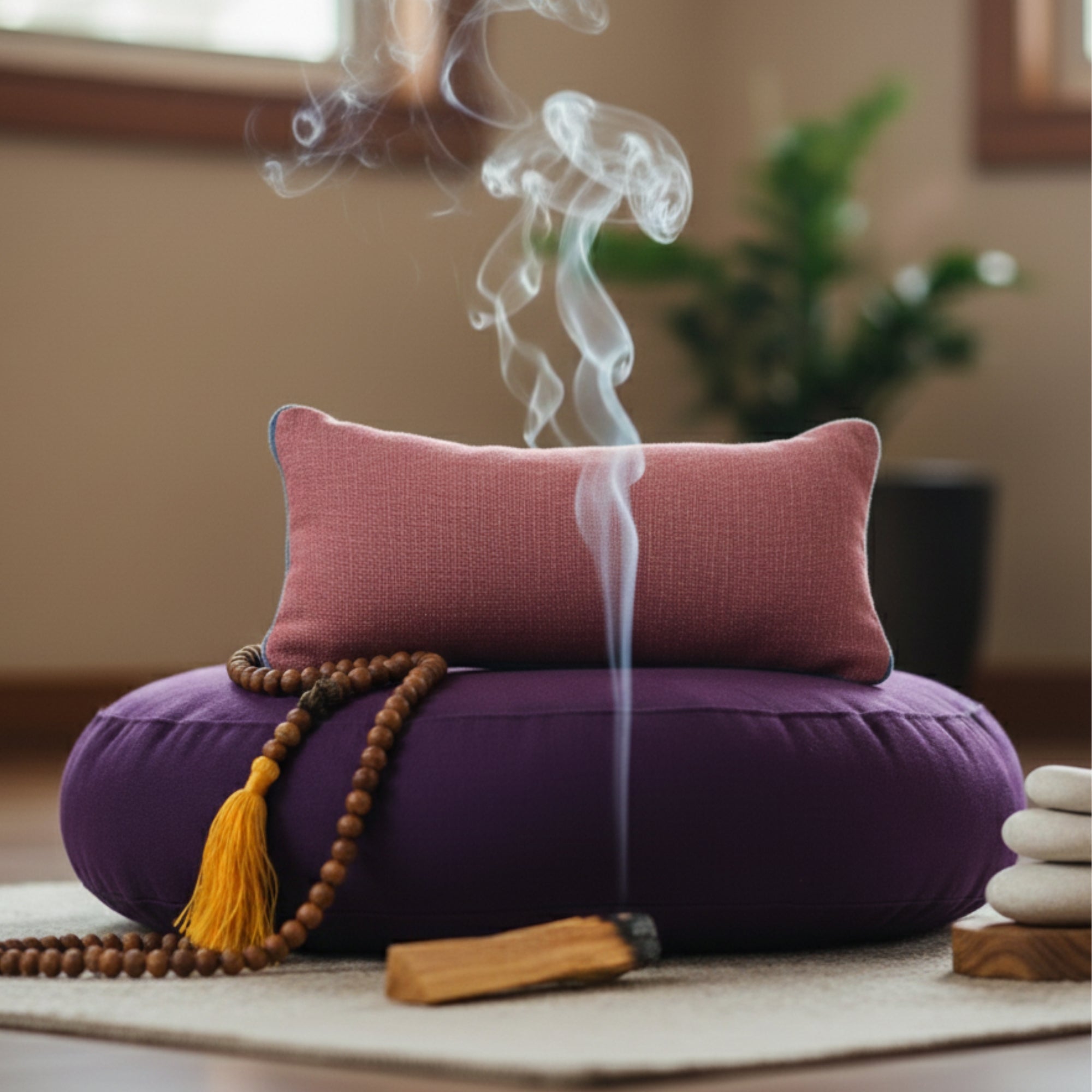 Purple cushion with a pink pillow and smoking incense stick on a wooden surface.