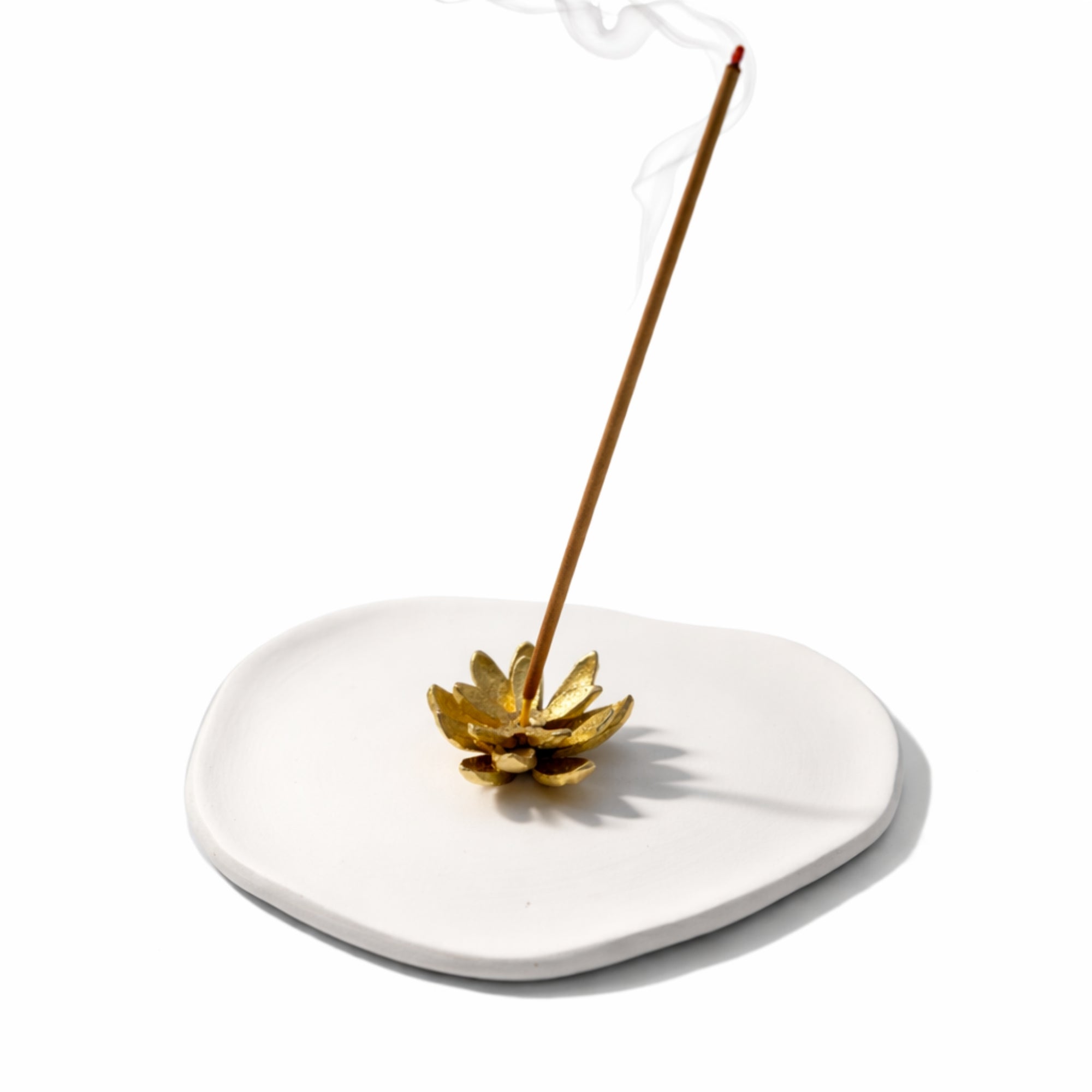 Brass lotus incense holder with white ceramic Mykonos ash-catcher tray (gift set).