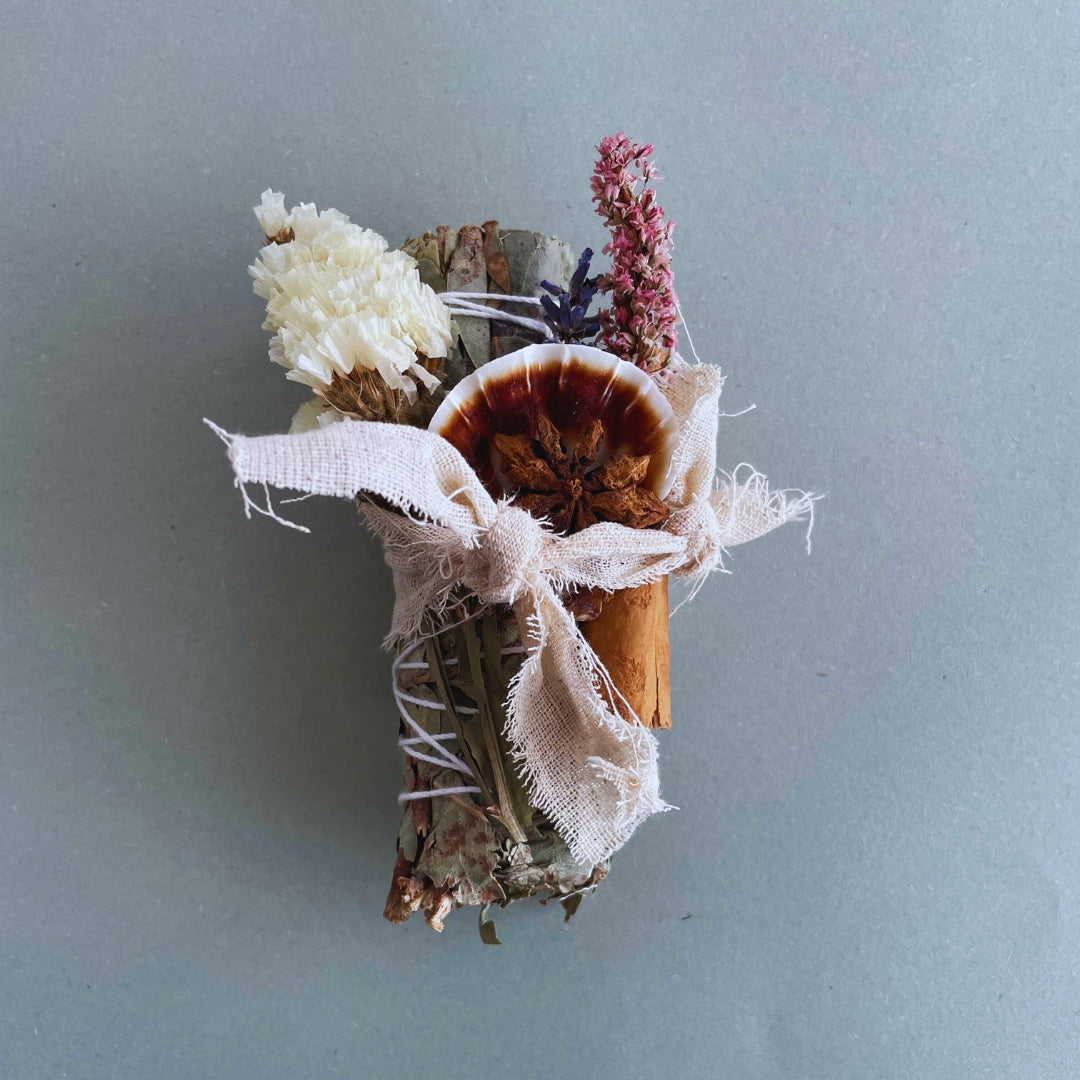 Eucalyptus Smudge Stick with Herbs, Palo Santo, Cinnamon, and Dried Flowers