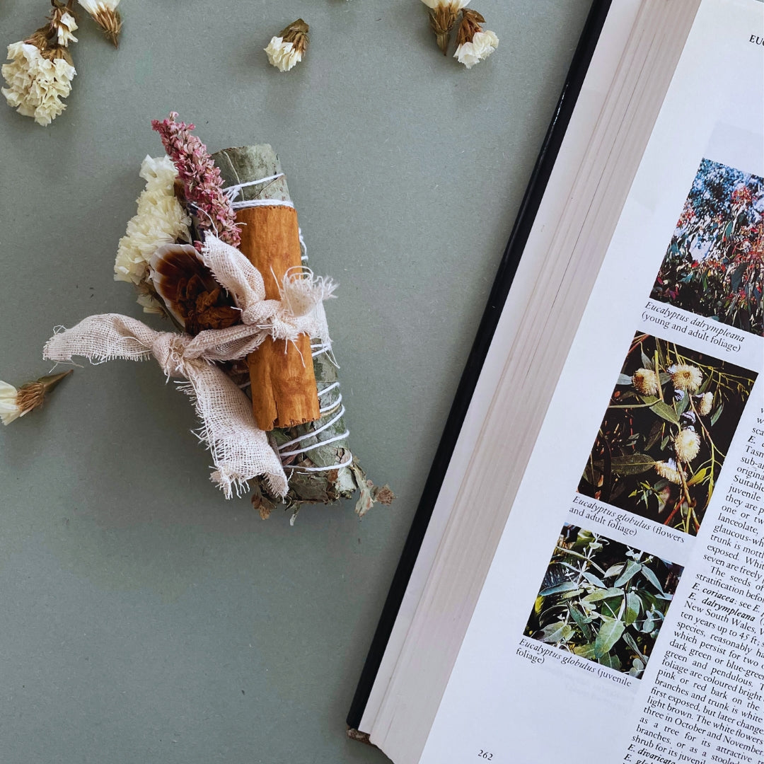 Eucalyptus Smudge Stick with Herbs, Palo Santo, Cinnamon, and Dried Flowers