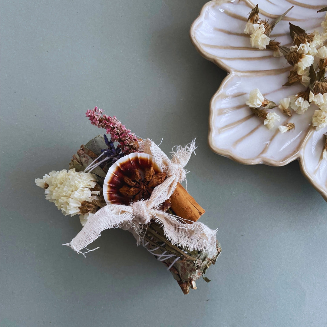 Eucalyptus Smudge Stick with Herbs, Palo Santo, Cinnamon, and Dried Flowers