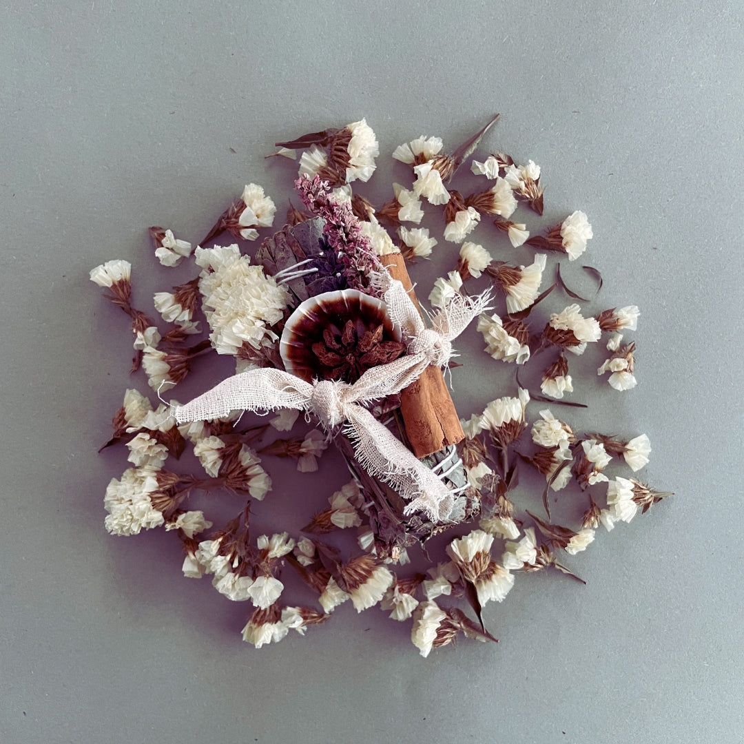 Eucalyptus Smudge Stick with Herbs, Palo Santo, Cinnamon, and Dried Flowers