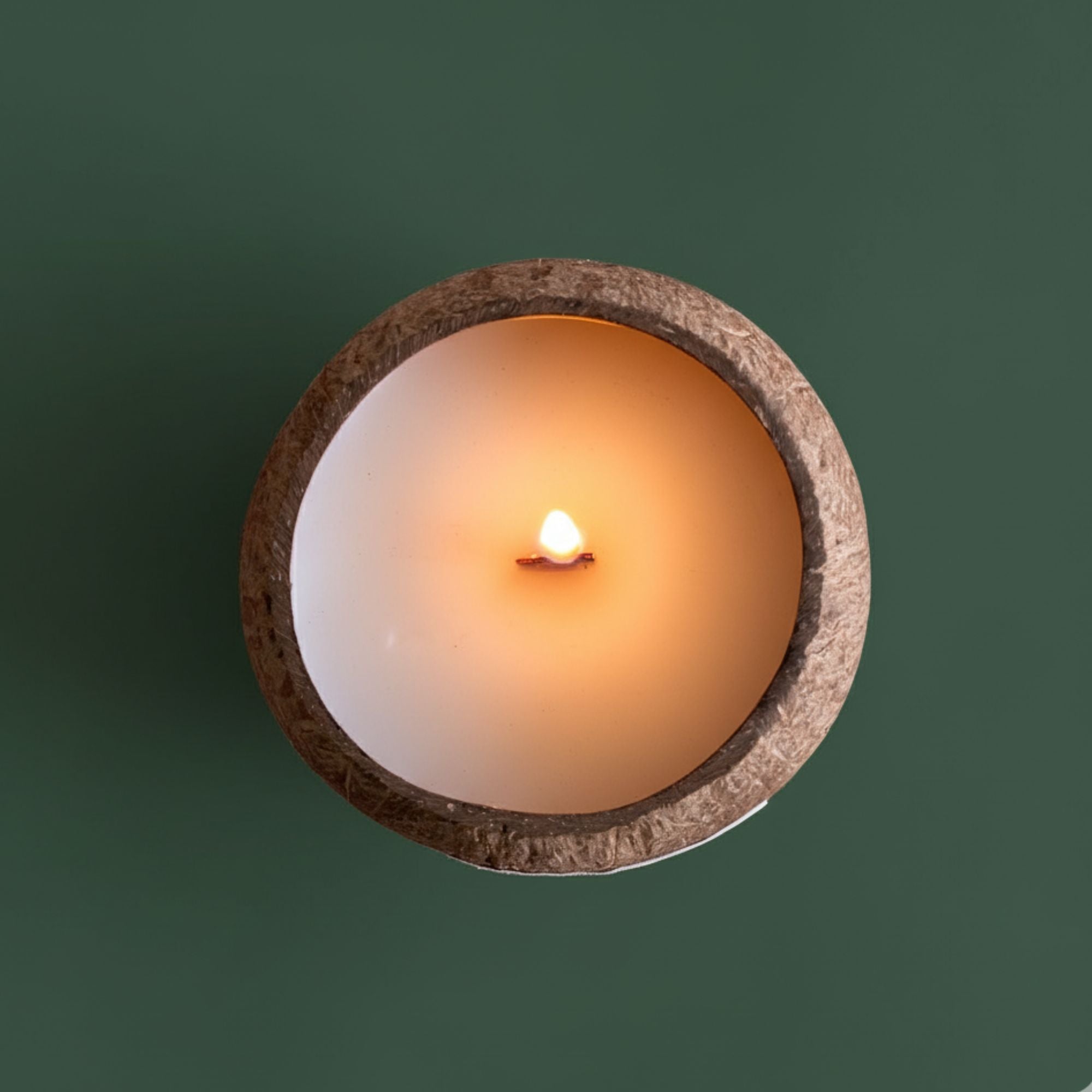 Plant based clean burn vegan candle lit  on a dark green background
