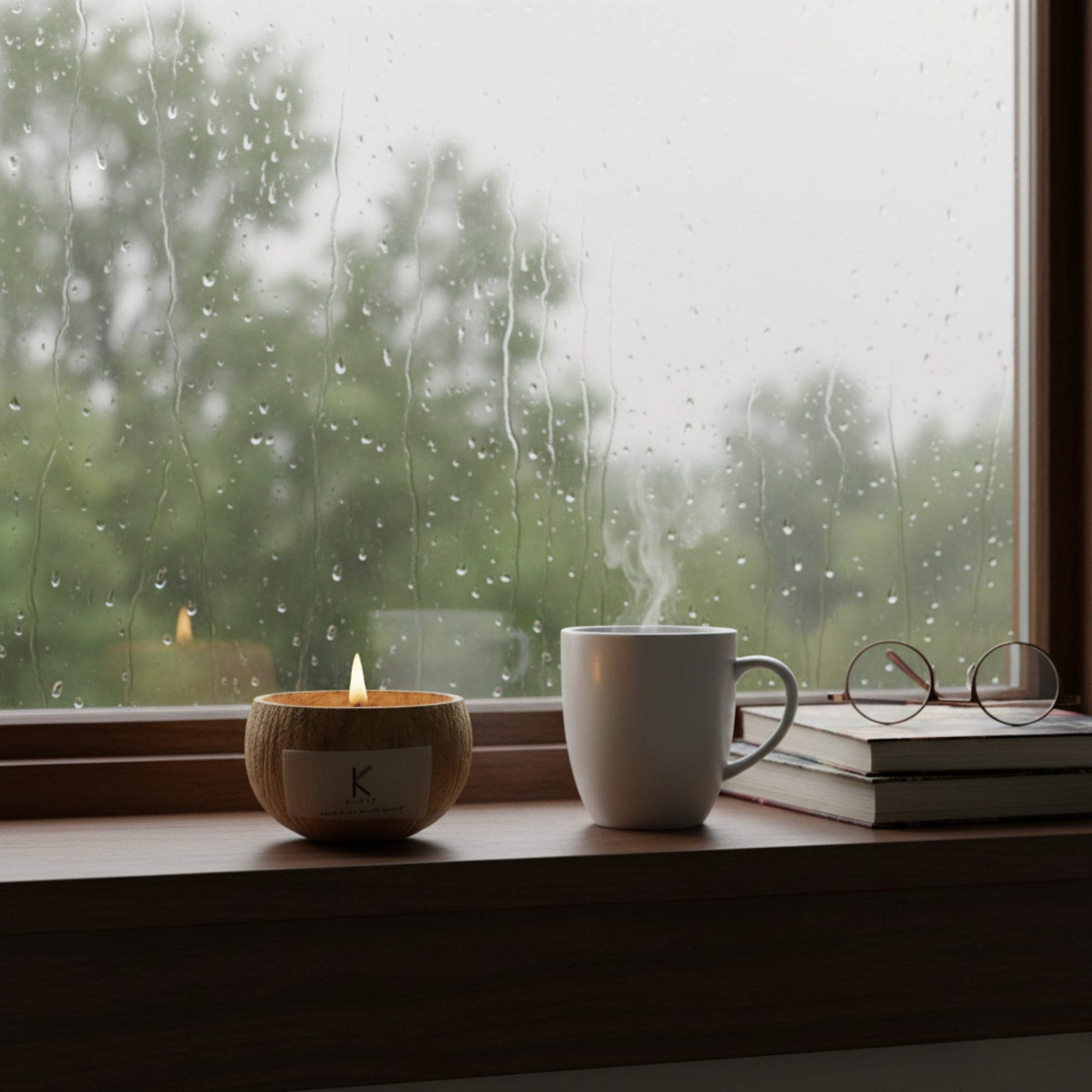 Cup of steaming coffee, Plant based coconut shell lit candle, and books on a windowsill with rain outside.