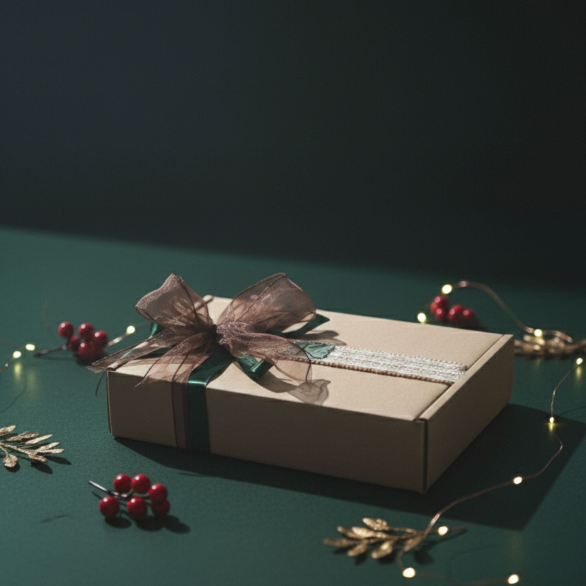 Christmas Gift box with a brown bow on a dark green surface with decorative elements.