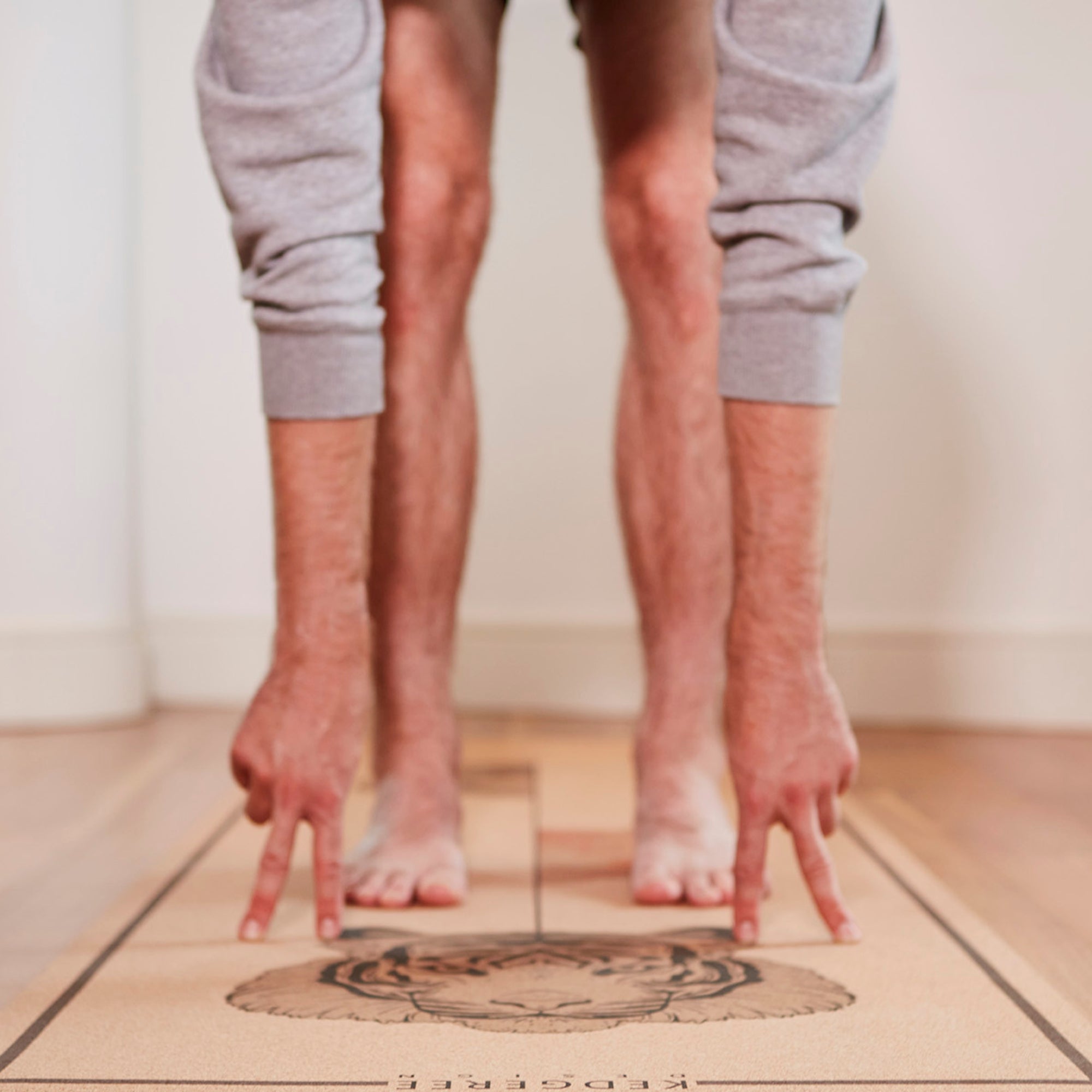 Sustainable non-slip cork yoga mat with tiger design by Kedgeree Design, eco-friendly, plant-based, and ideal for hot yoga, pilates, and daily practice.