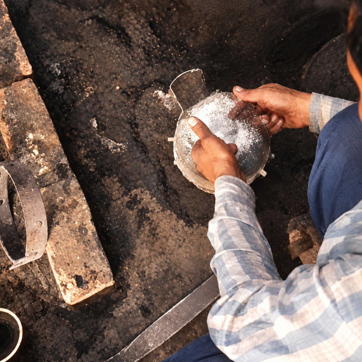 A close-up, high-angle view of a person's hands holding a small brass incense holder.