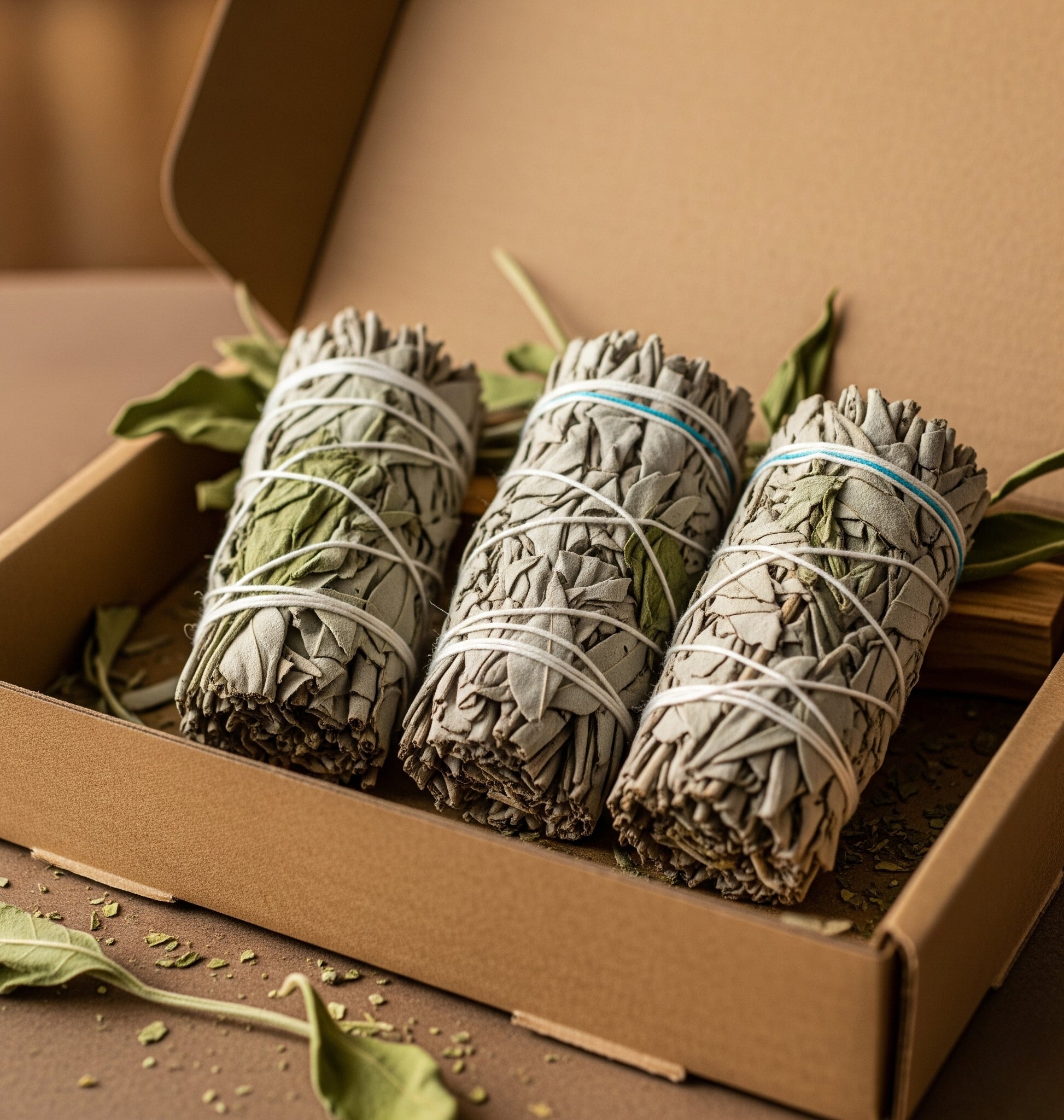 Three natural sage smudge sticks in a gift box on a brown surface