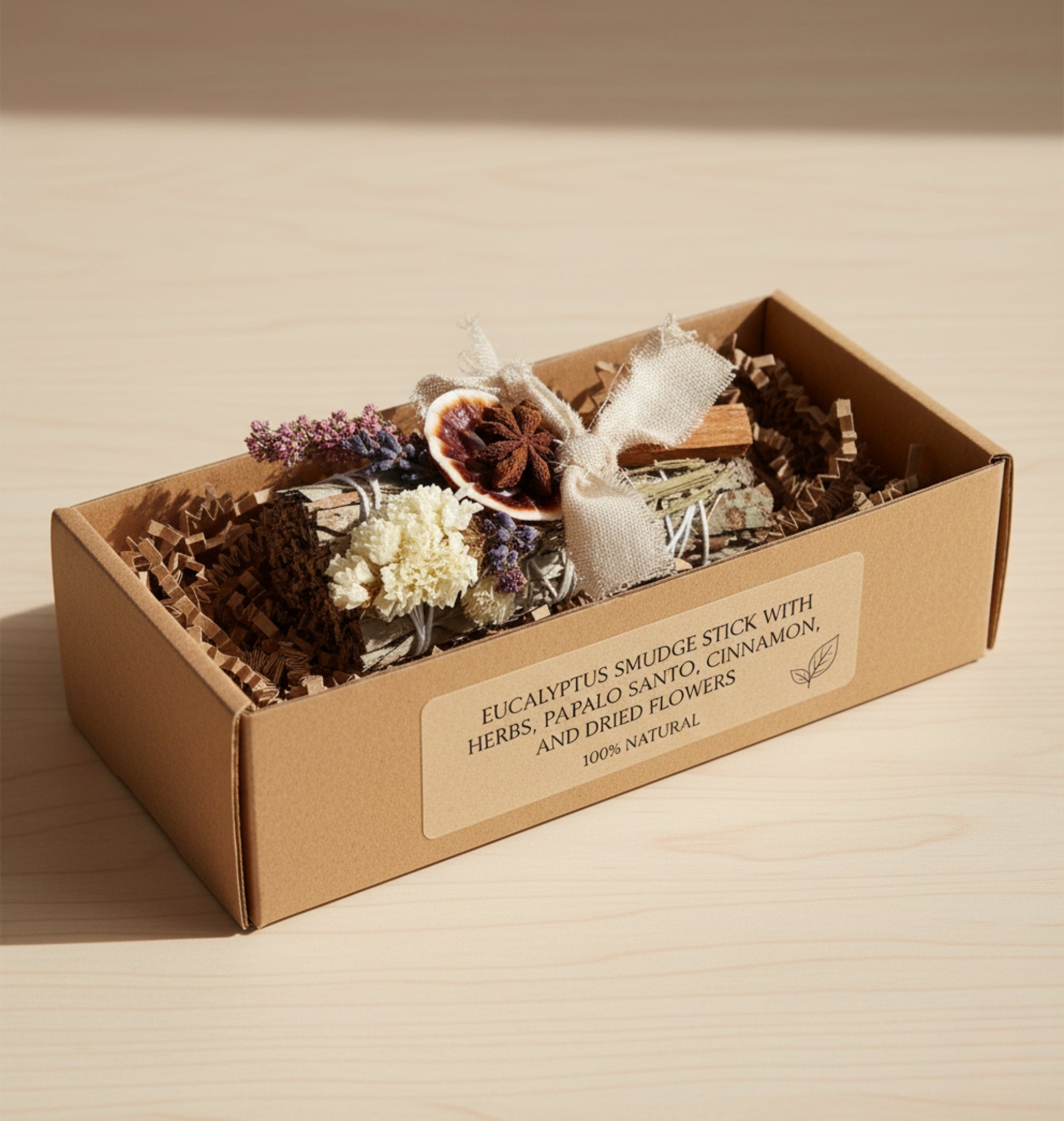 Eucalyptus smudge stick with palo santo herbs and dried flowers in a gift box on a wooden surface.