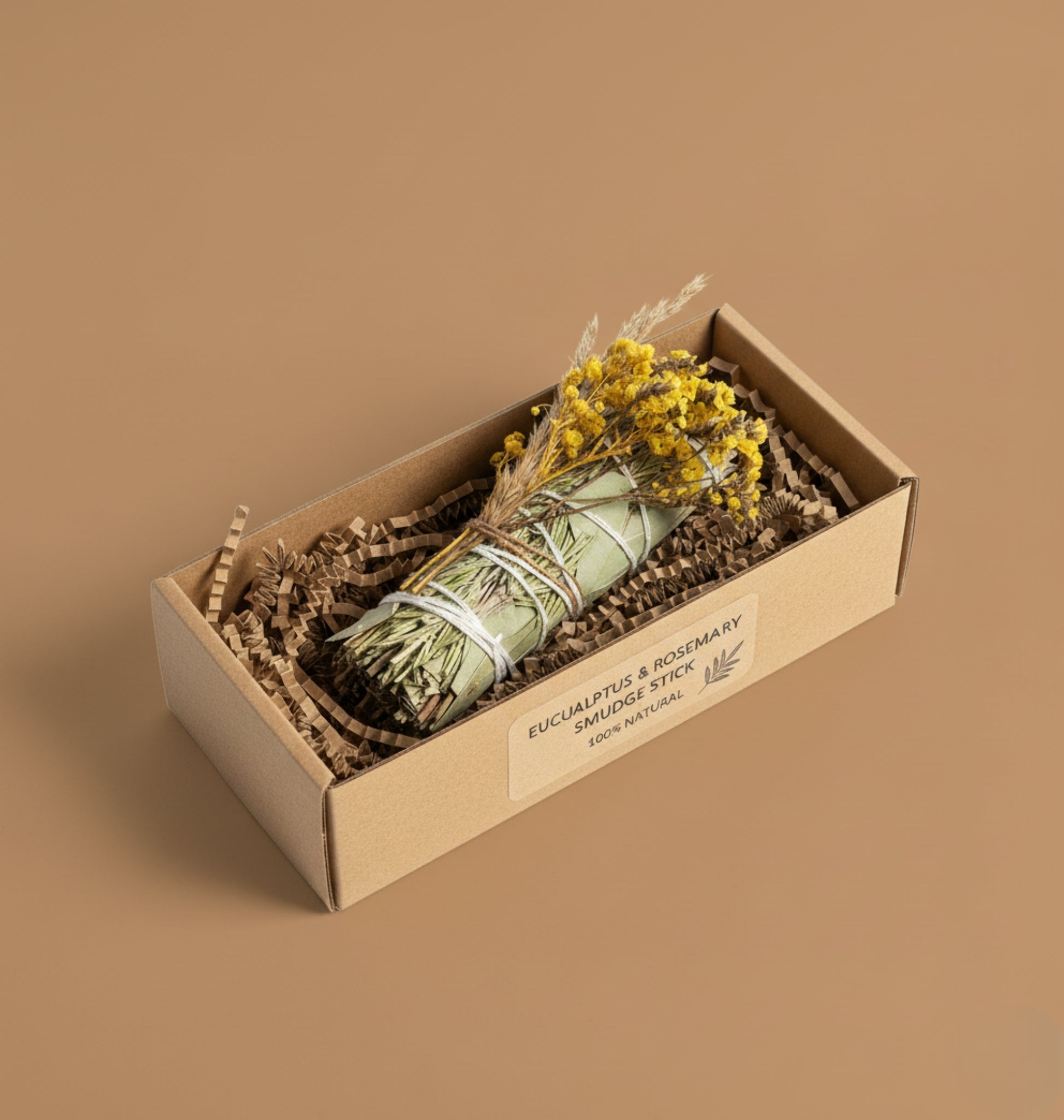 Natural Eucalyptus Rosemary Smudge Bundled stick with dried flowers in a beautiful gift  box on a brown background