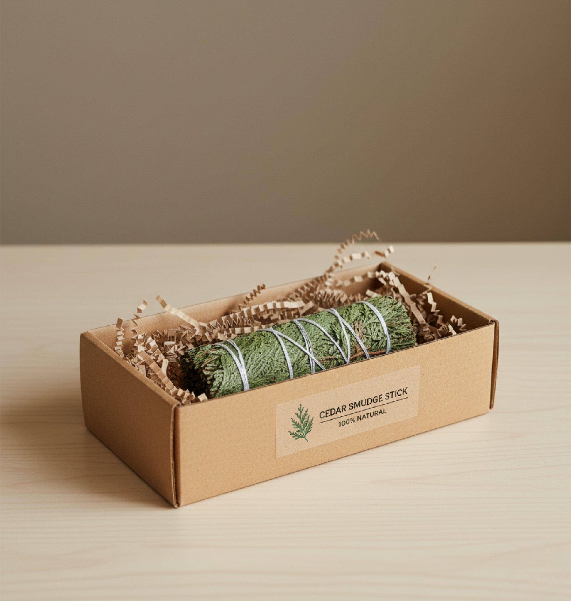 100% Natural Cedar smudge stick in a cardboard gift box on a neutral background
