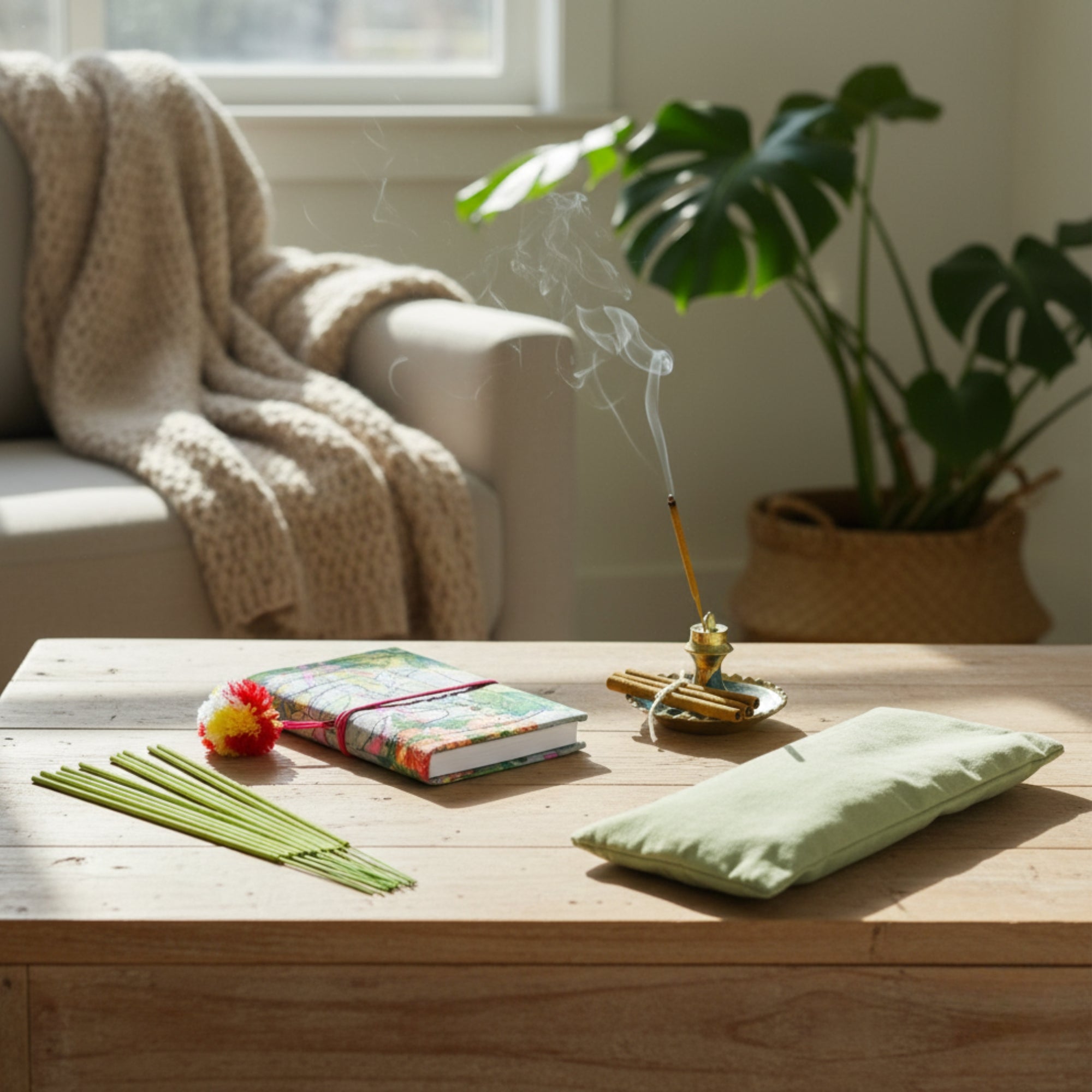 Incense stick holder with kedgeree incense lit on a wooden table in a cozy living room.