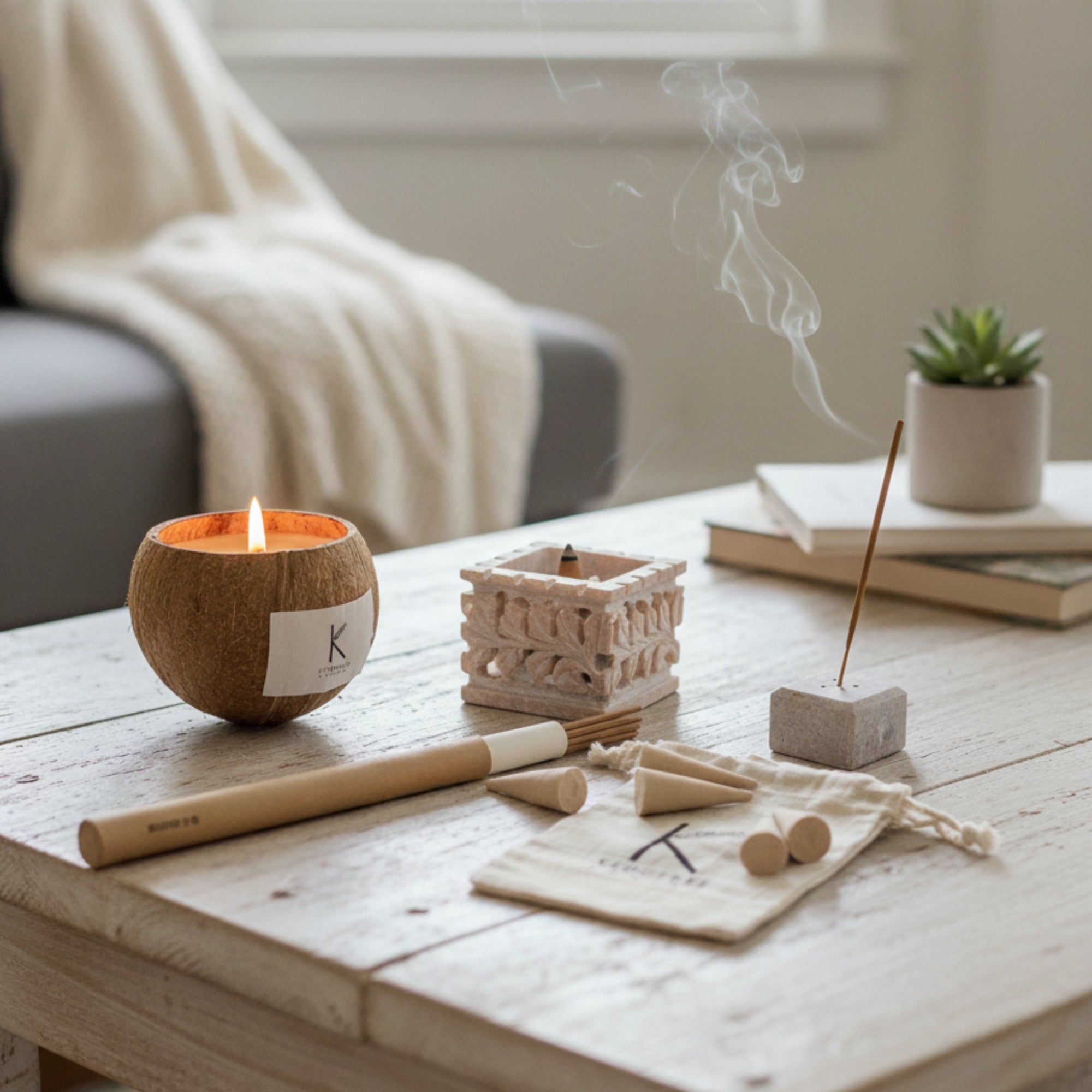 Natural Plant based Candle, incense burner, and natural incense sticks on a wooden table with a blurred background