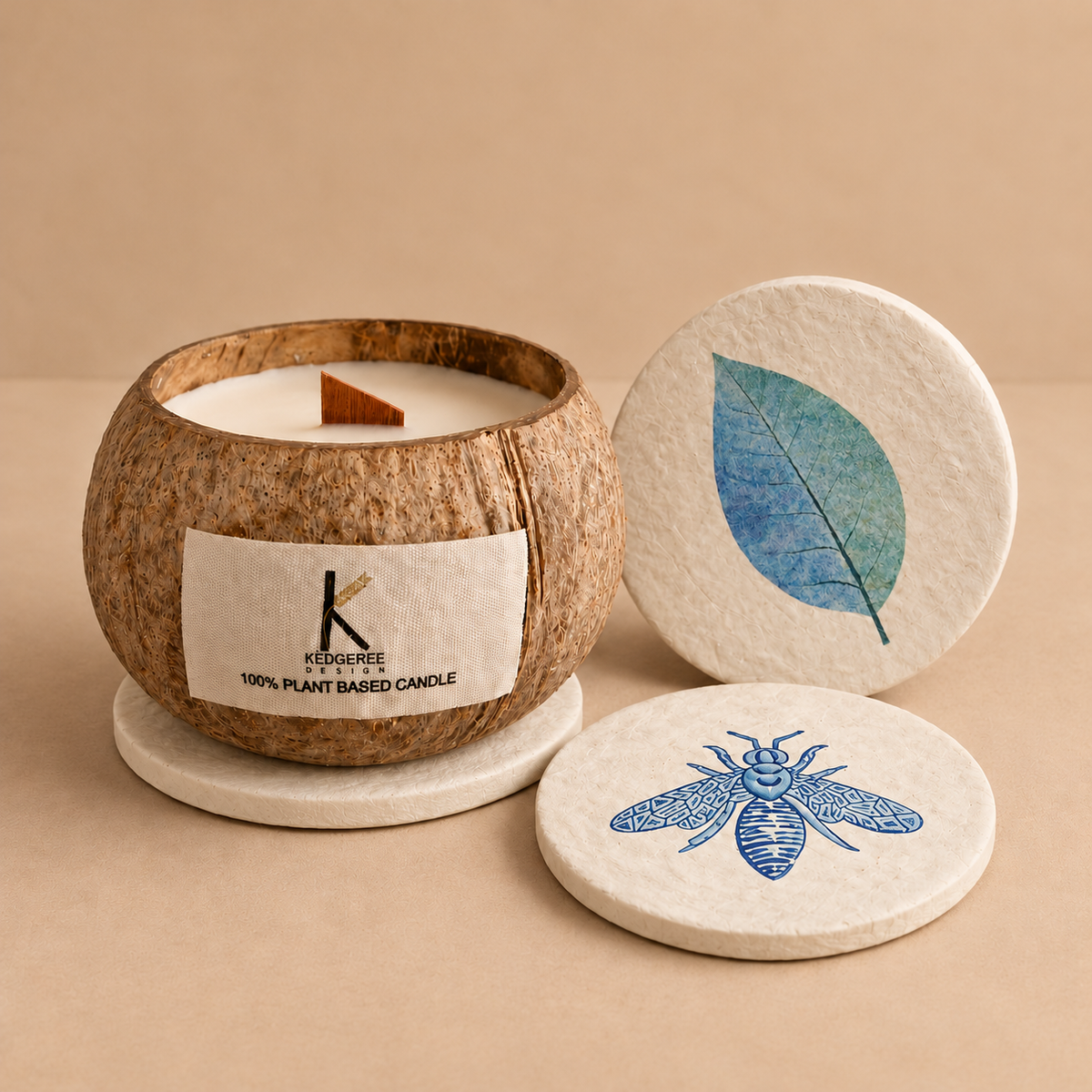 Coconut Shell Candle & Botanical Lid & Coaster Gift Set