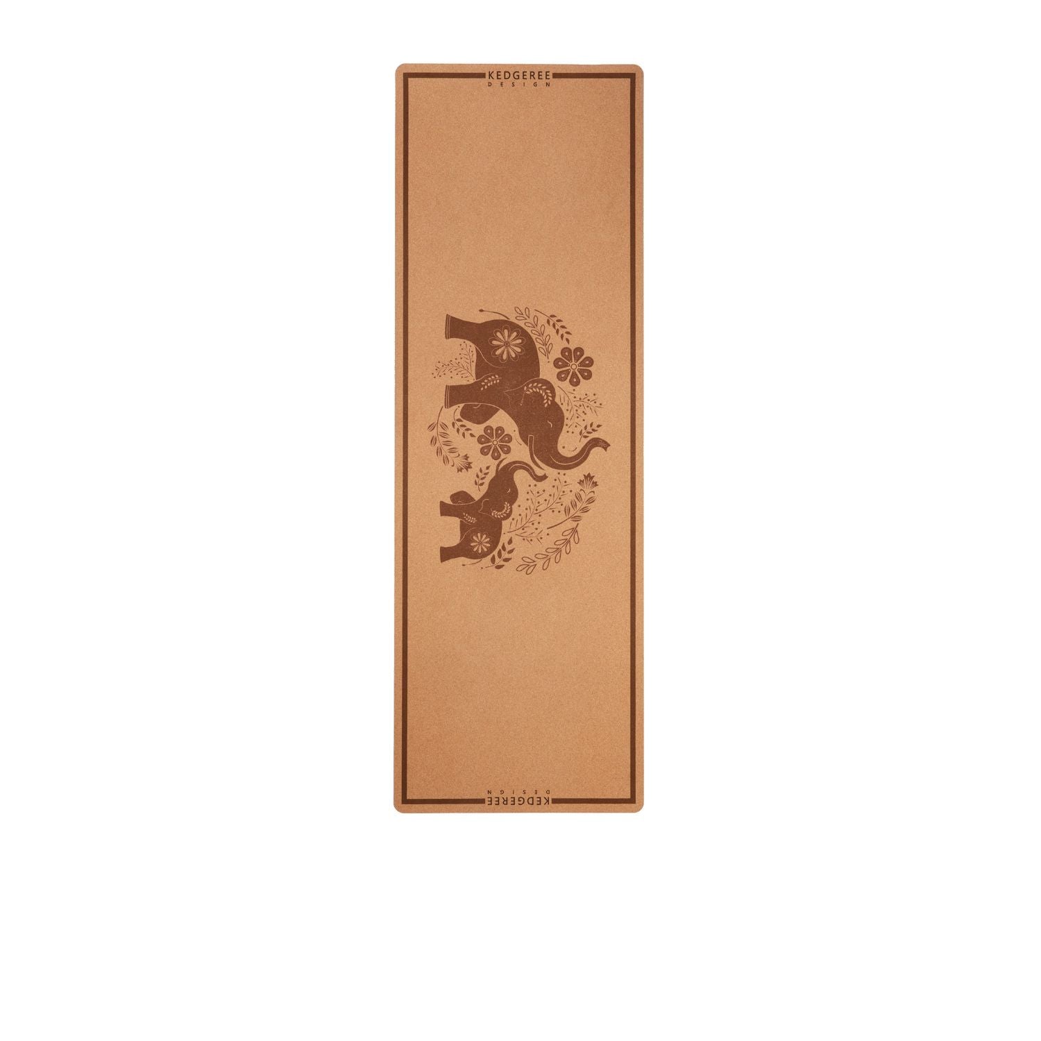 Elephant design cork yoga mat featuring a dark brown printed illustration of two elephants and floral motifs, with 'KEDGEREE' printed at the top and 'YOGA PRACTICE' at the bottom, shown on a plain white background.