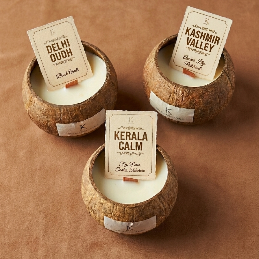 Three coconut shell natural wax candles with labels on a brown background