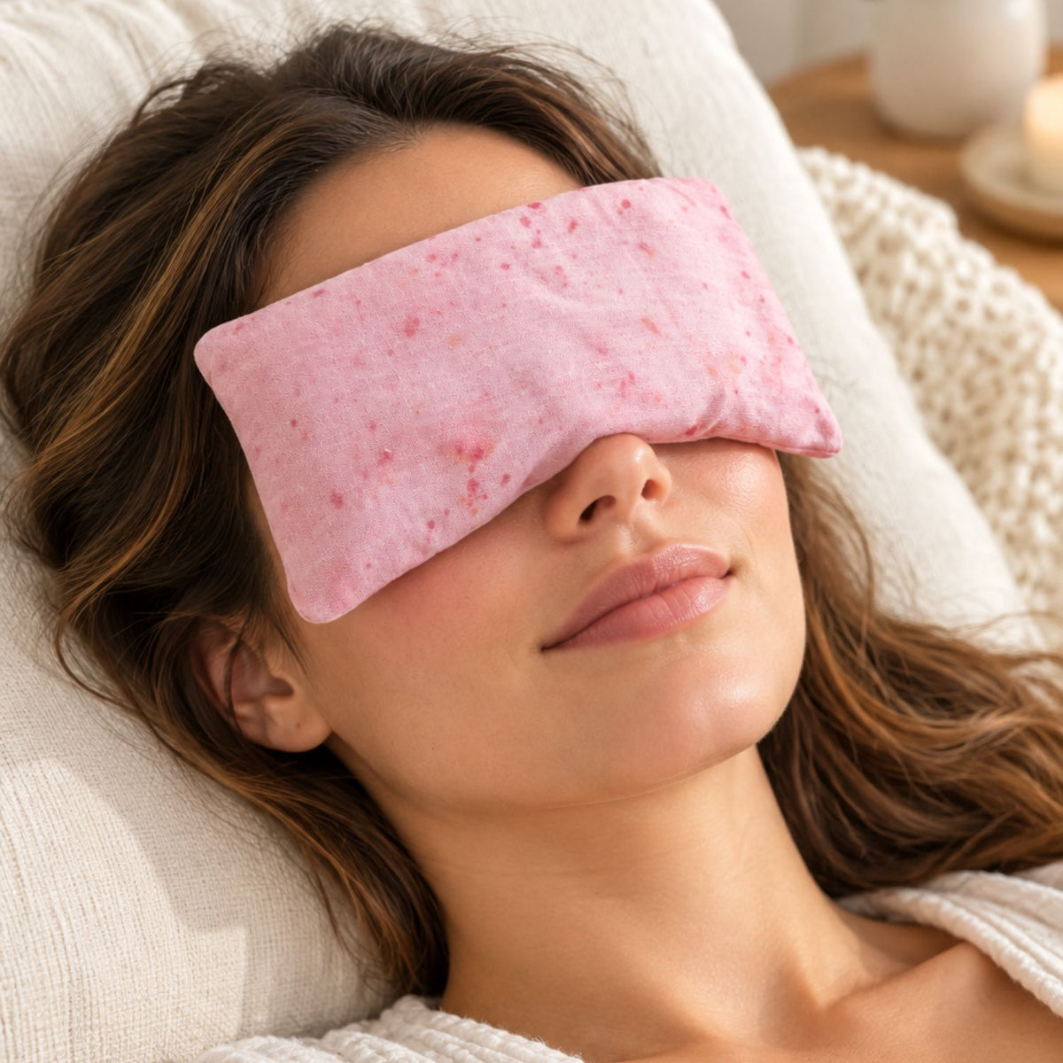 A woman lying down wearing a light pink botanically dyed eye mask with small darker pink speckles, resting on a white pillow in a cozy indoor setting.
