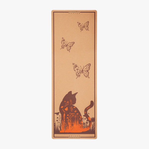 Sustainable cork yoga mat with a playful cat design