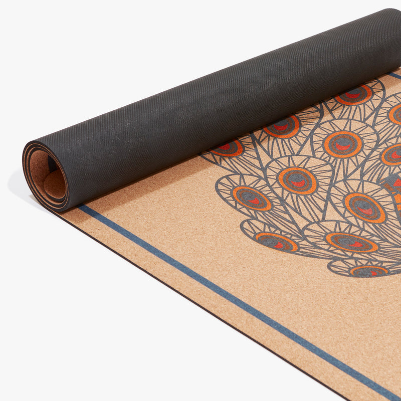 4mm Thick Peacock Cork Yoga Mat with Natural Cork Top and Rubber Underlayer