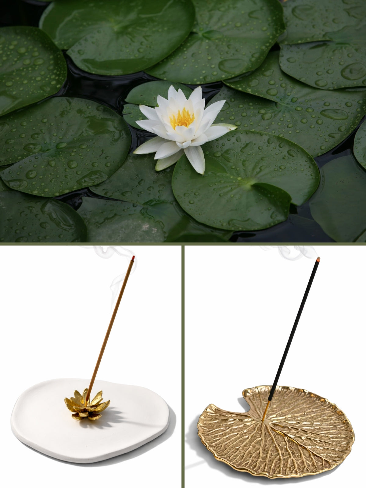 Collage of 2 premium handmade brass  incense holder and burner shaped like a lily pad and lotus flower with incense sticks on a white background