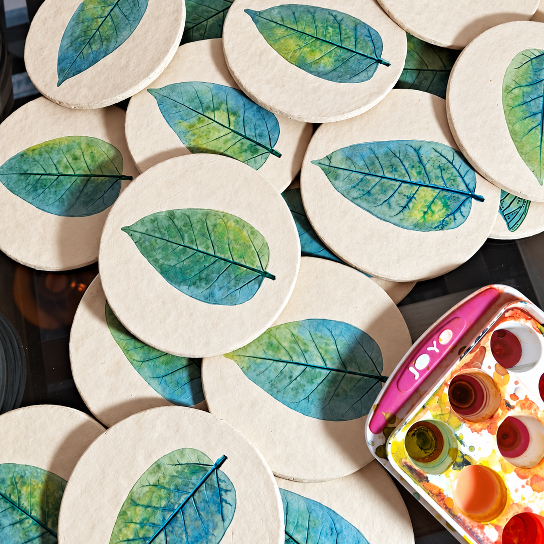 A collection of round, off-white coasters decorated with painted green and blue leaves, arranged on a dark surface next to a pink water color paint palette.