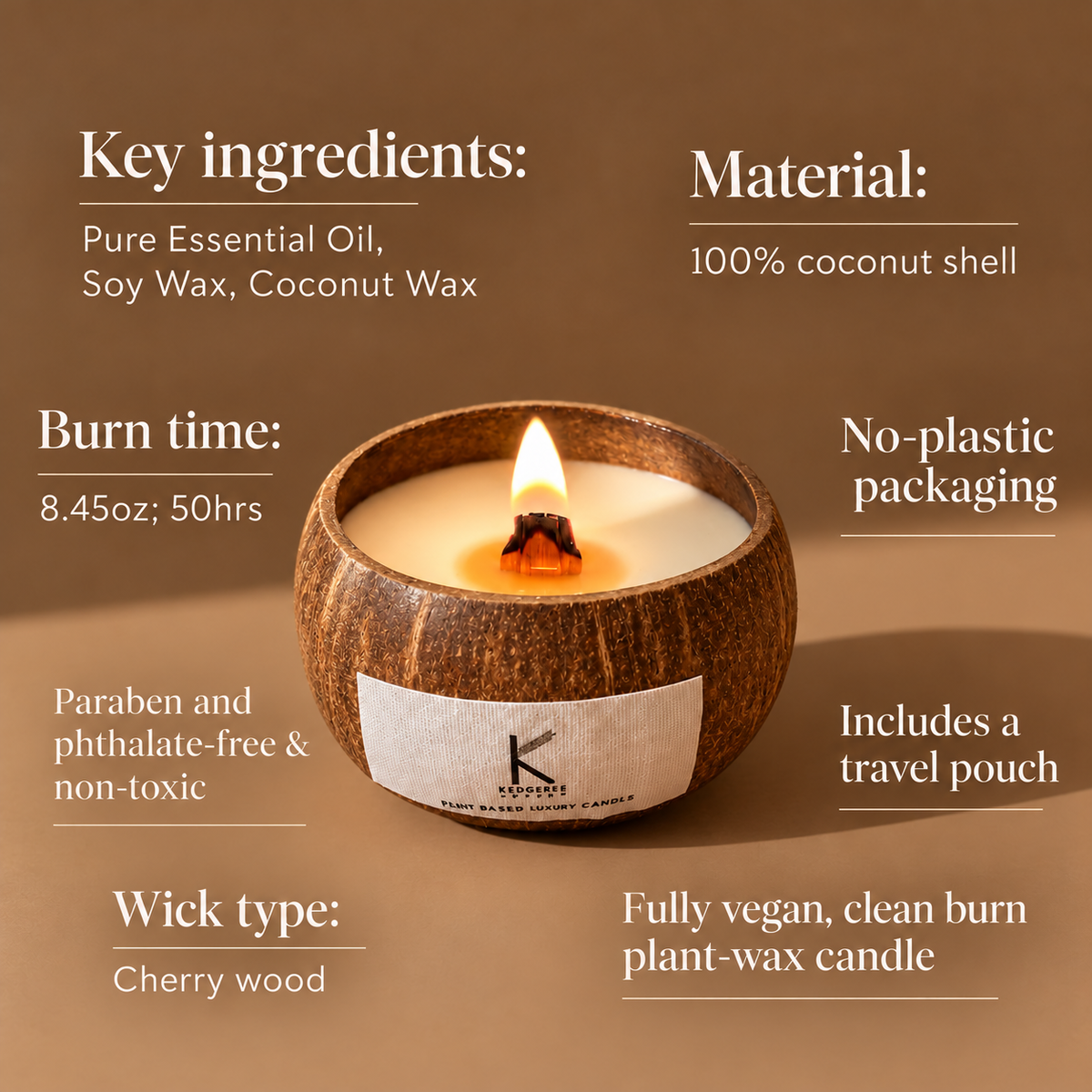 Kedgeree coconut-shell candle with a lit wick and visible flame, set against a warm brown background with text callouts about ingredients, material, burn time, packaging, and features. 