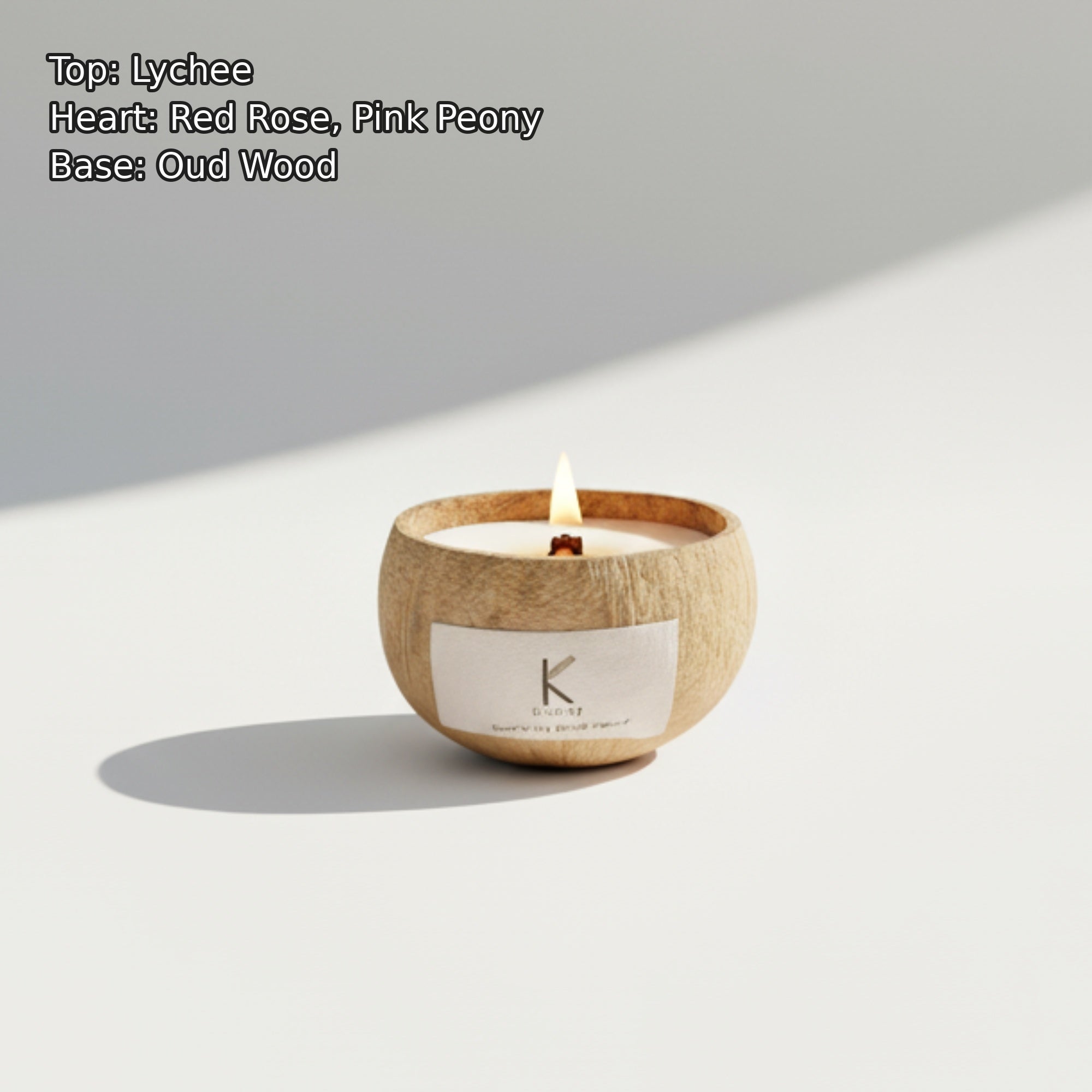 Natural plant based candle in a coconut shell with a label on a light background