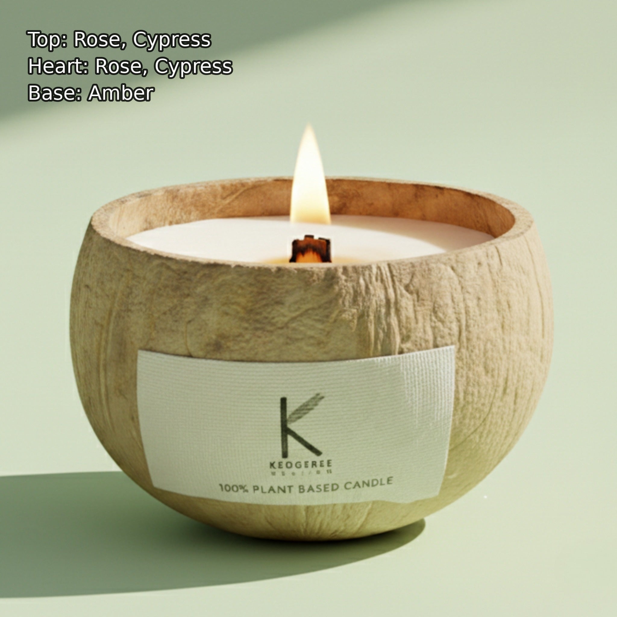 Natural Plant Based Candle in a coconut shell with a label on a light green background