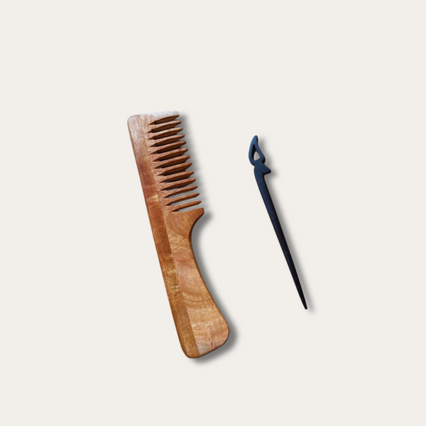 Handmade wooden neem comb and wooden hair stick