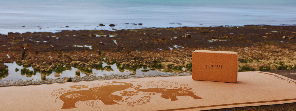 Elephant design vegan cork yoga meditation mat set against a blurred coastal shoreline background.