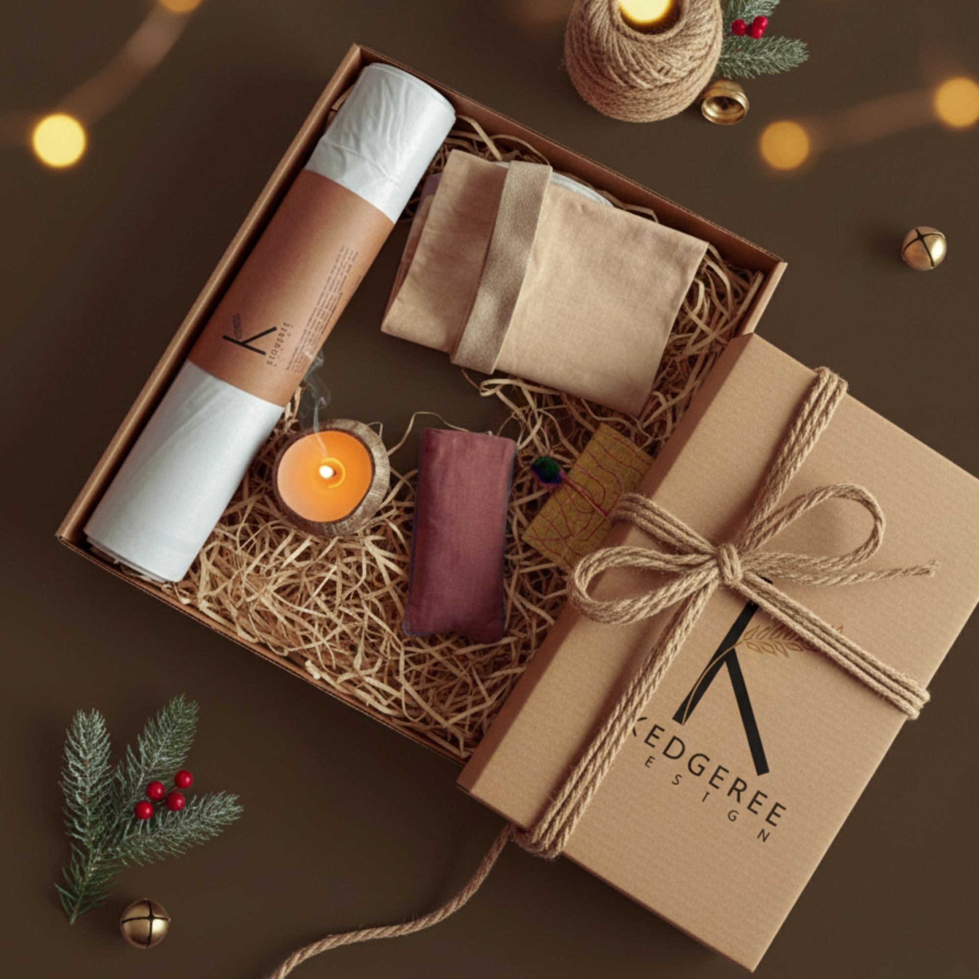 Travel Yogi Gift Set comes with 2mm cork yoga mat, canvas bag, journal, candle and eye pillow. All of this comes in a eco luxury gift box.