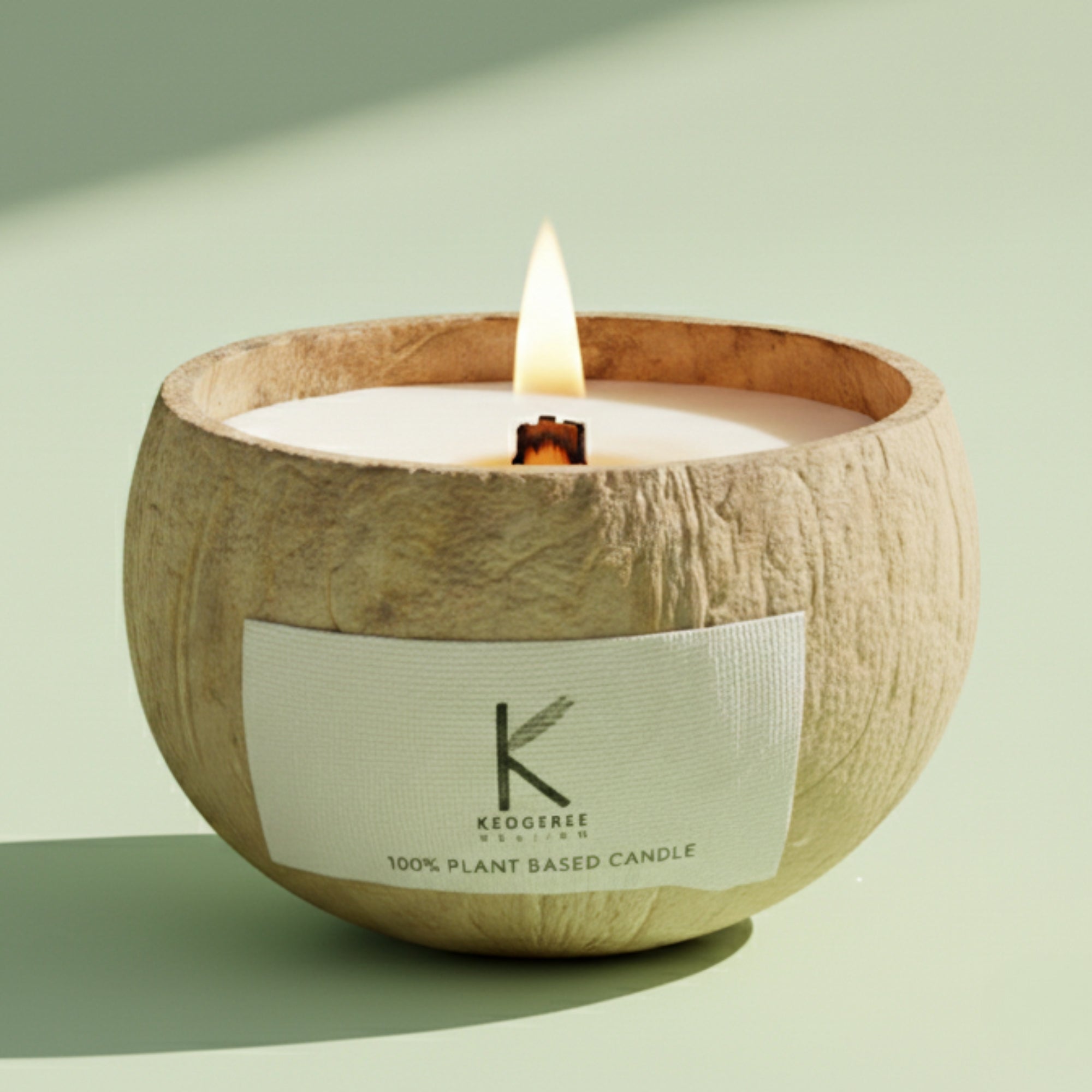 Plant based Candle in a coconut shell with a visible brand label on a light green background