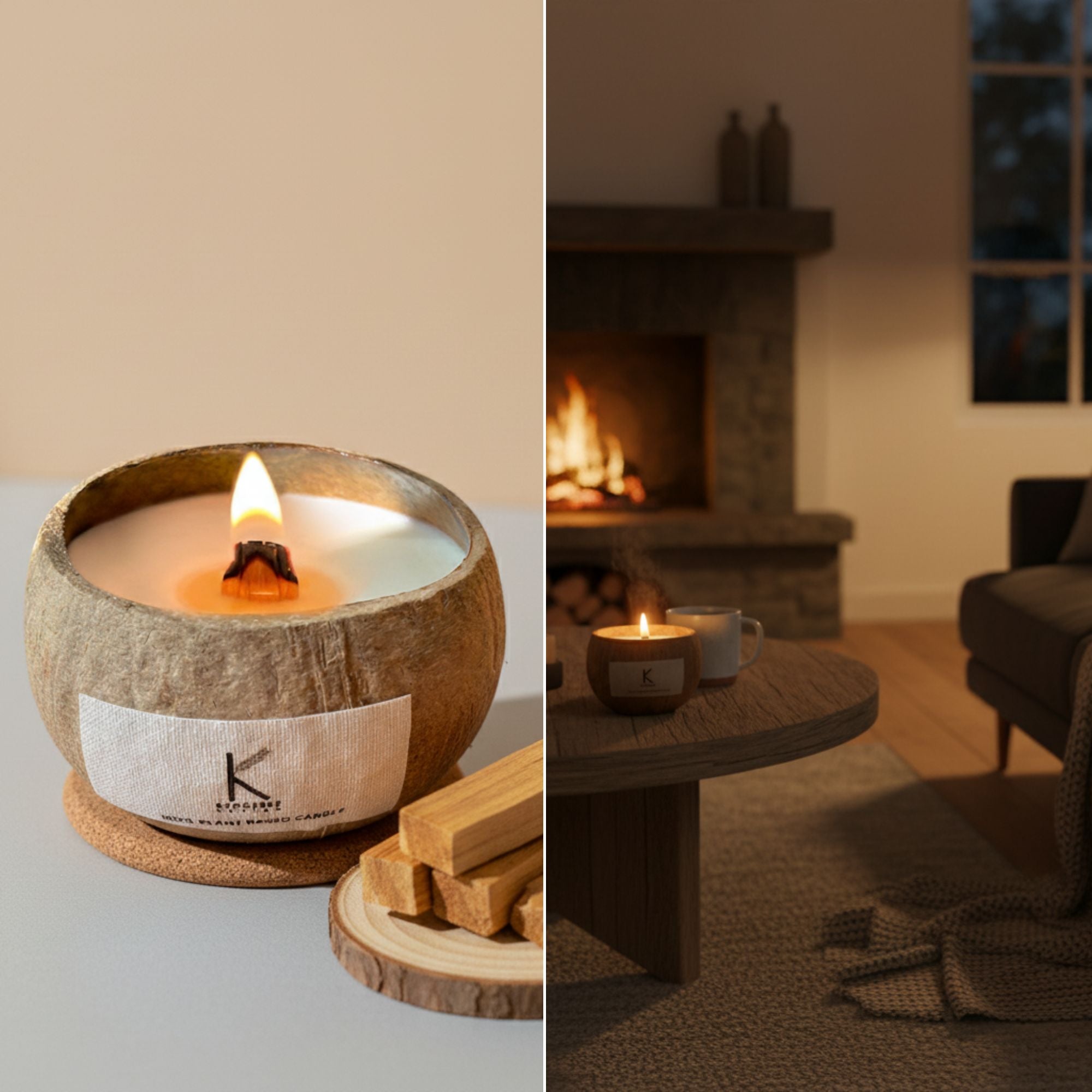 Plant based artisanal coconut candle in a wooden holder with a brand label, next to a cozy living room with a fireplace.