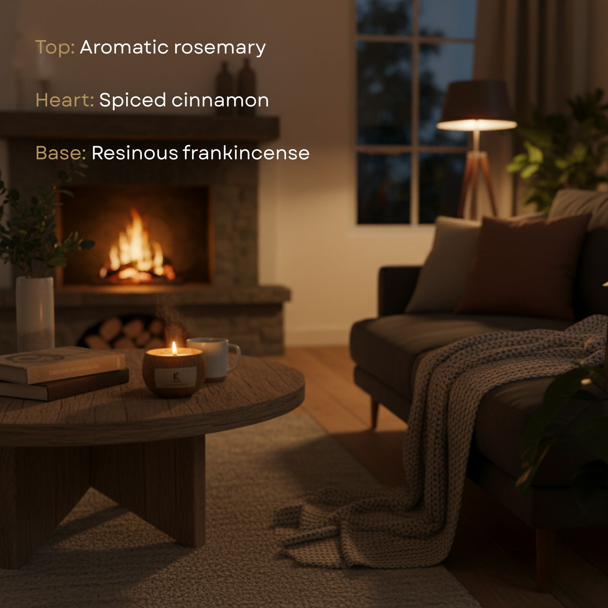 Cozy living room with a fireplace, eco friendly candle in a coconut shell  and books, featuring warm lighting.