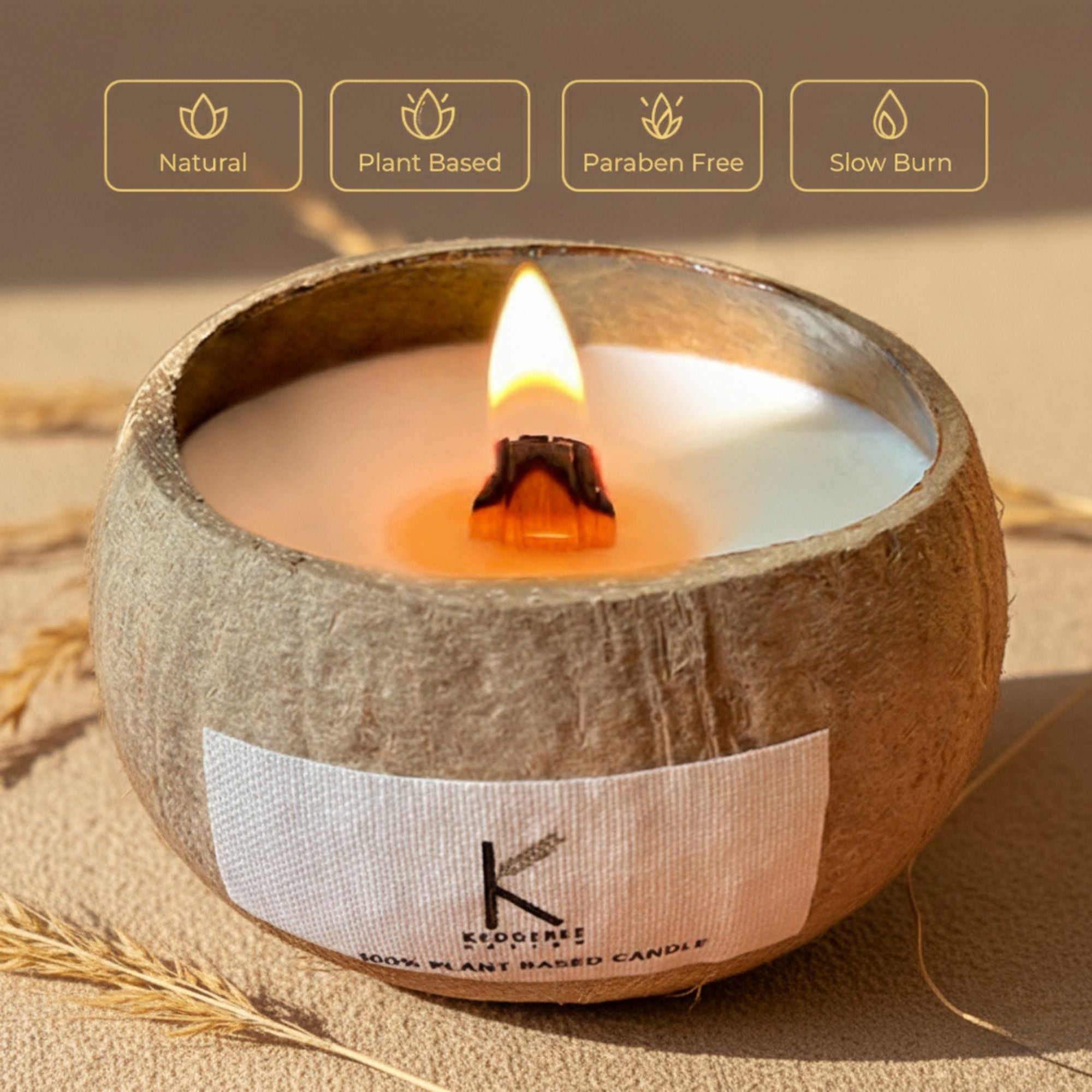 Natural plant based candle in a coconut shell with 'K' logo on a beige background