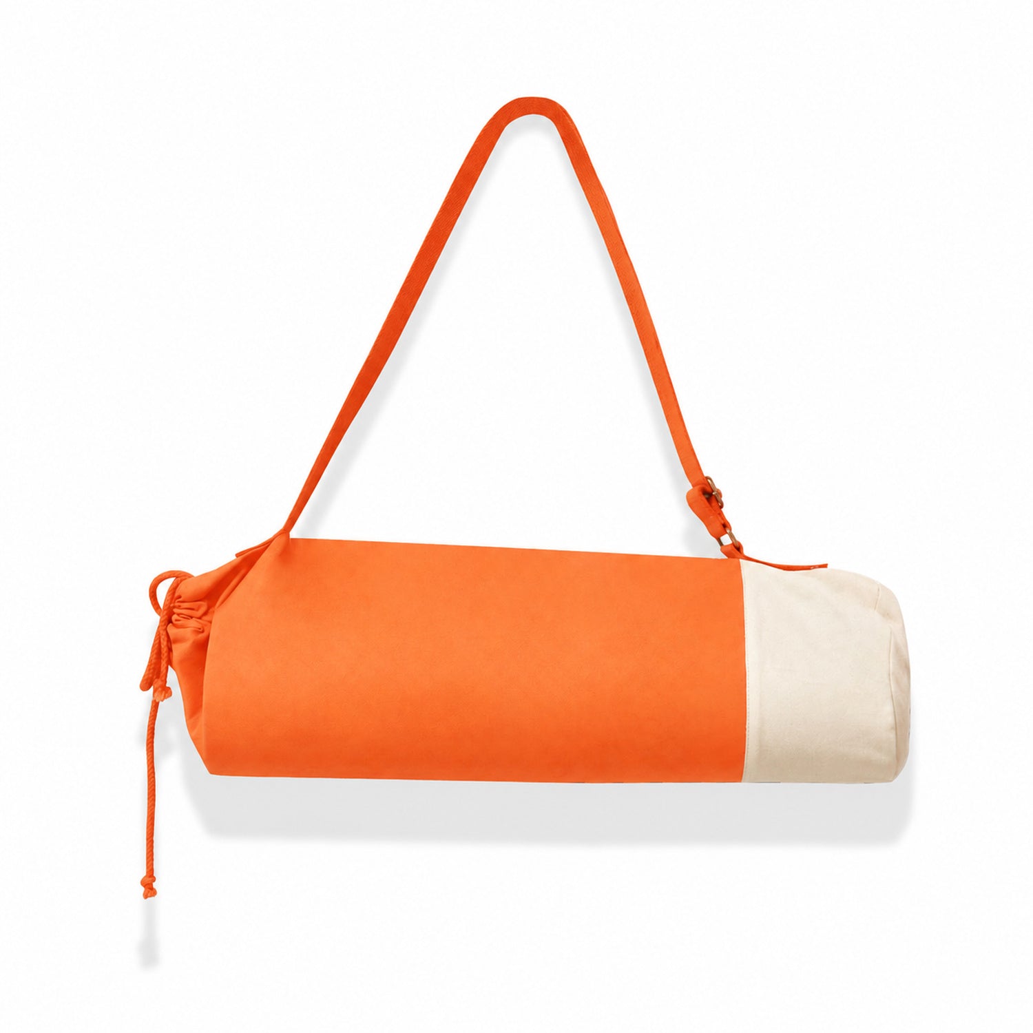 Orange and white bag with a strap on a white background