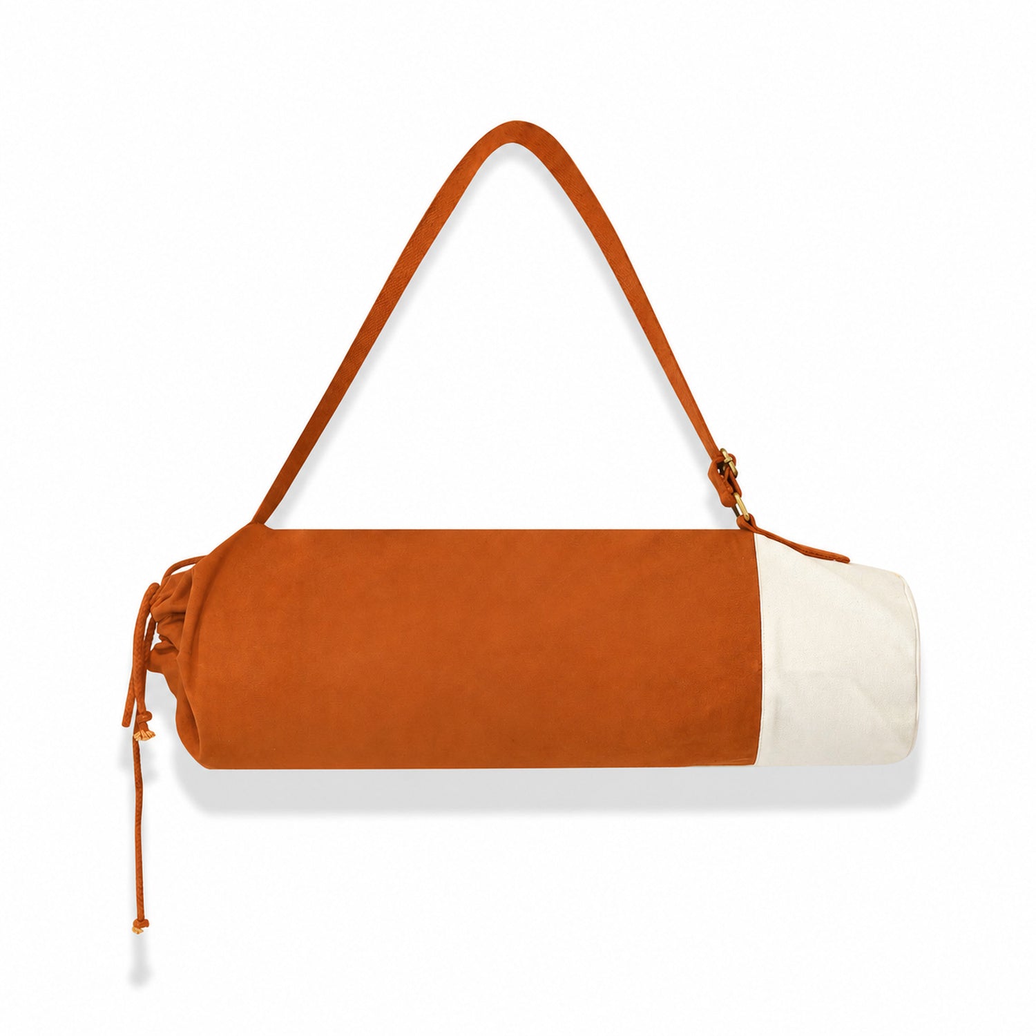 Brown yoga bag with adjustable strap on white bg