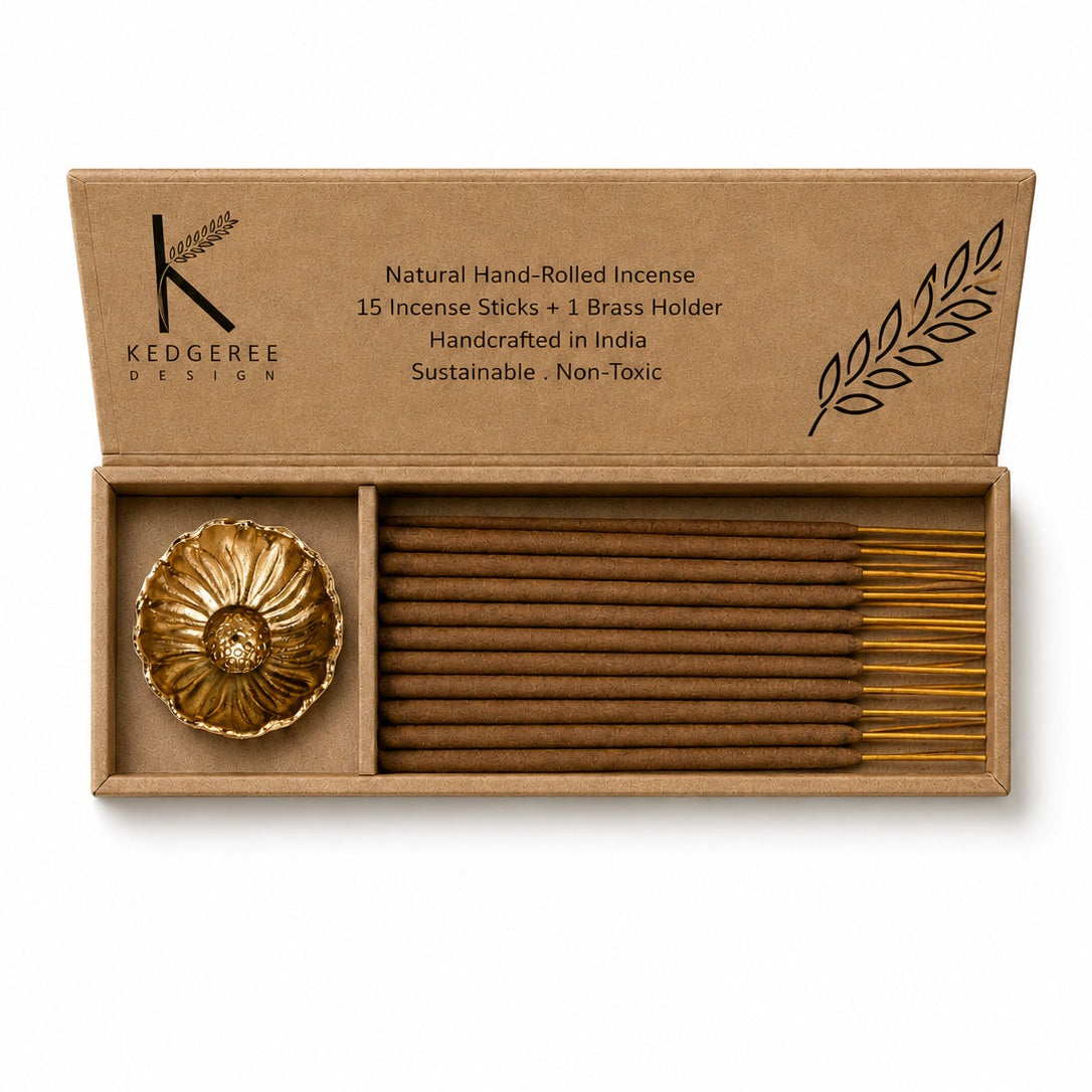 Kedgeree Design natural hand-rolled incense in a kraft paper box with a gold brass holder and 15 incense sticks, shown on a white background.