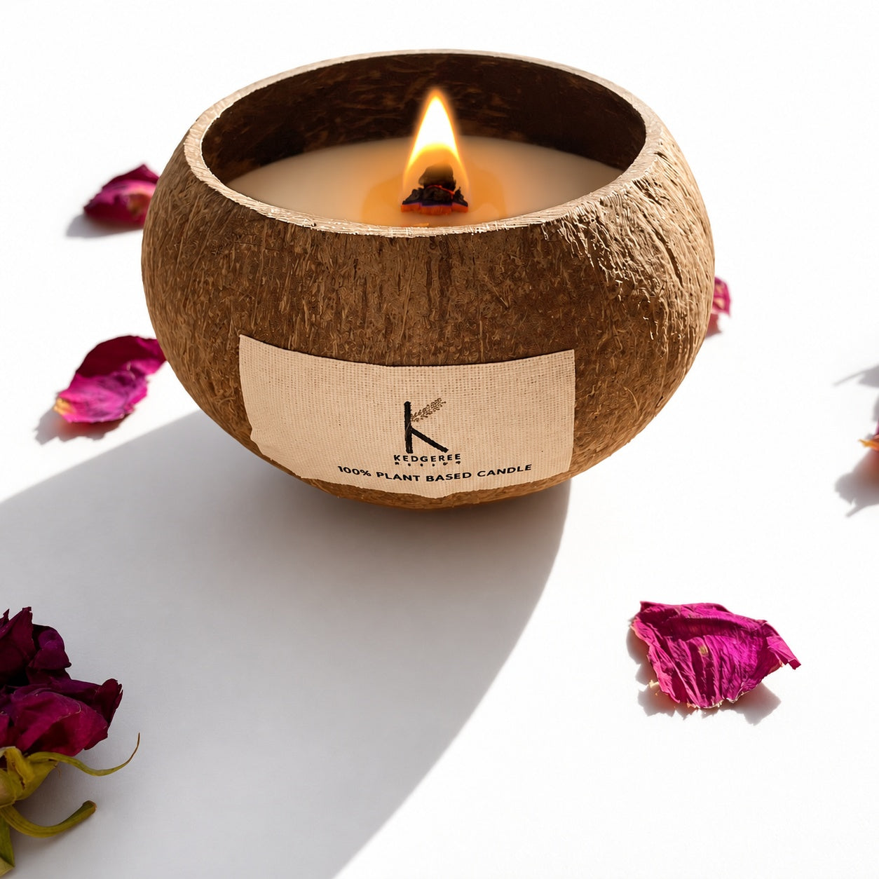 Coconut shell natural vegan candle lit against a white background